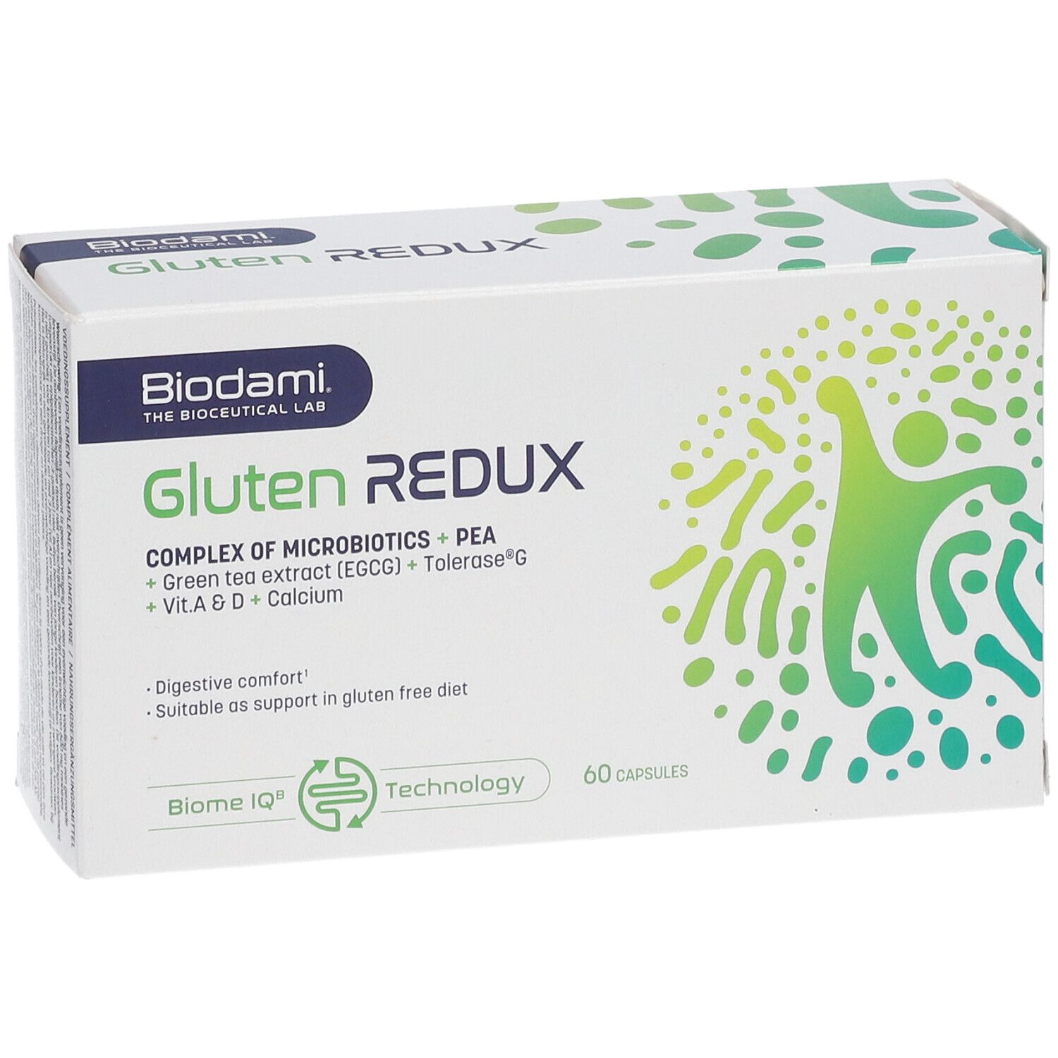 Weiße Schachtel "Biodami Gluten Redux" mit 60 Kapseln. Aufschrift: "Complex of Microbics + PEA".