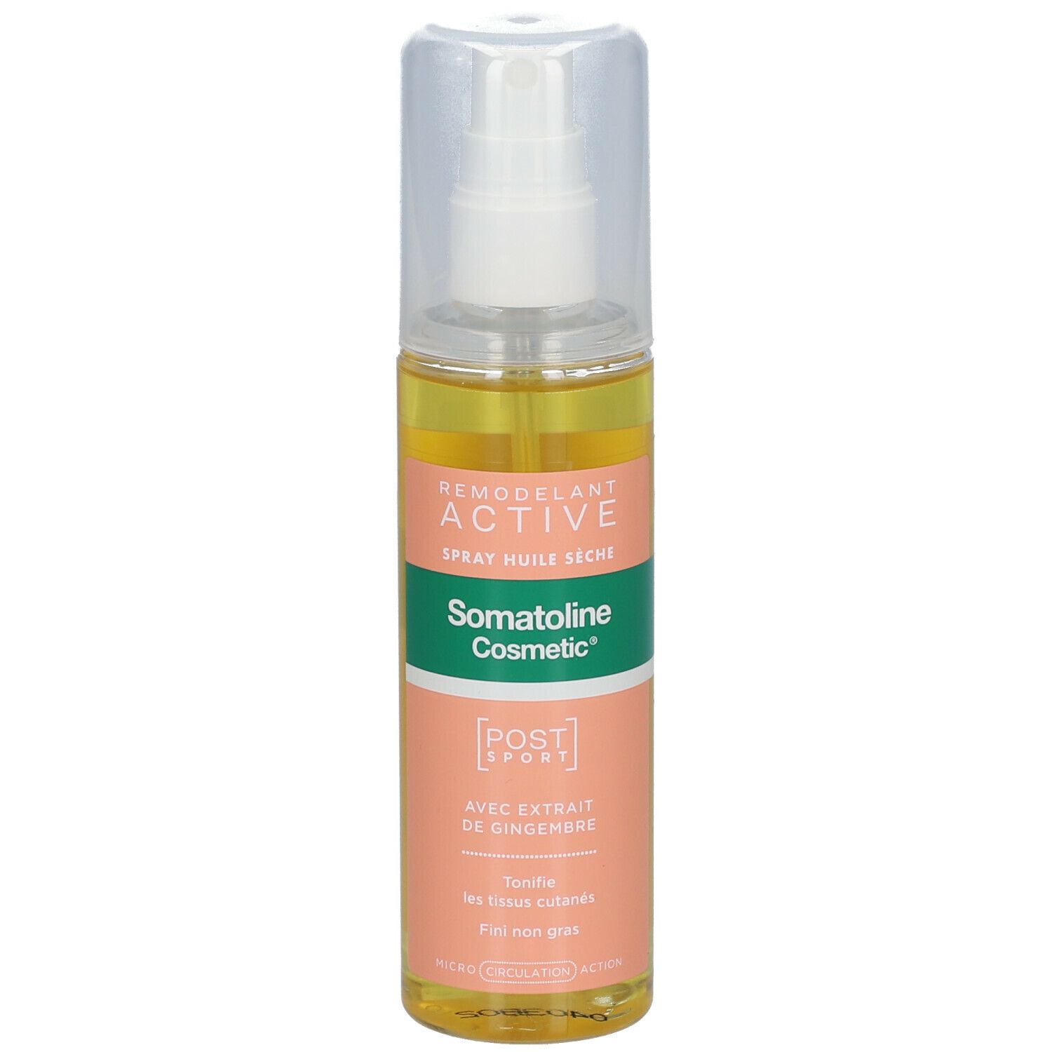 Sprayflesje met droge olie. Opschriften: Remodelant Active, Somatoline Cosmetic, Post Sport, met gemberextract. Niet vet.