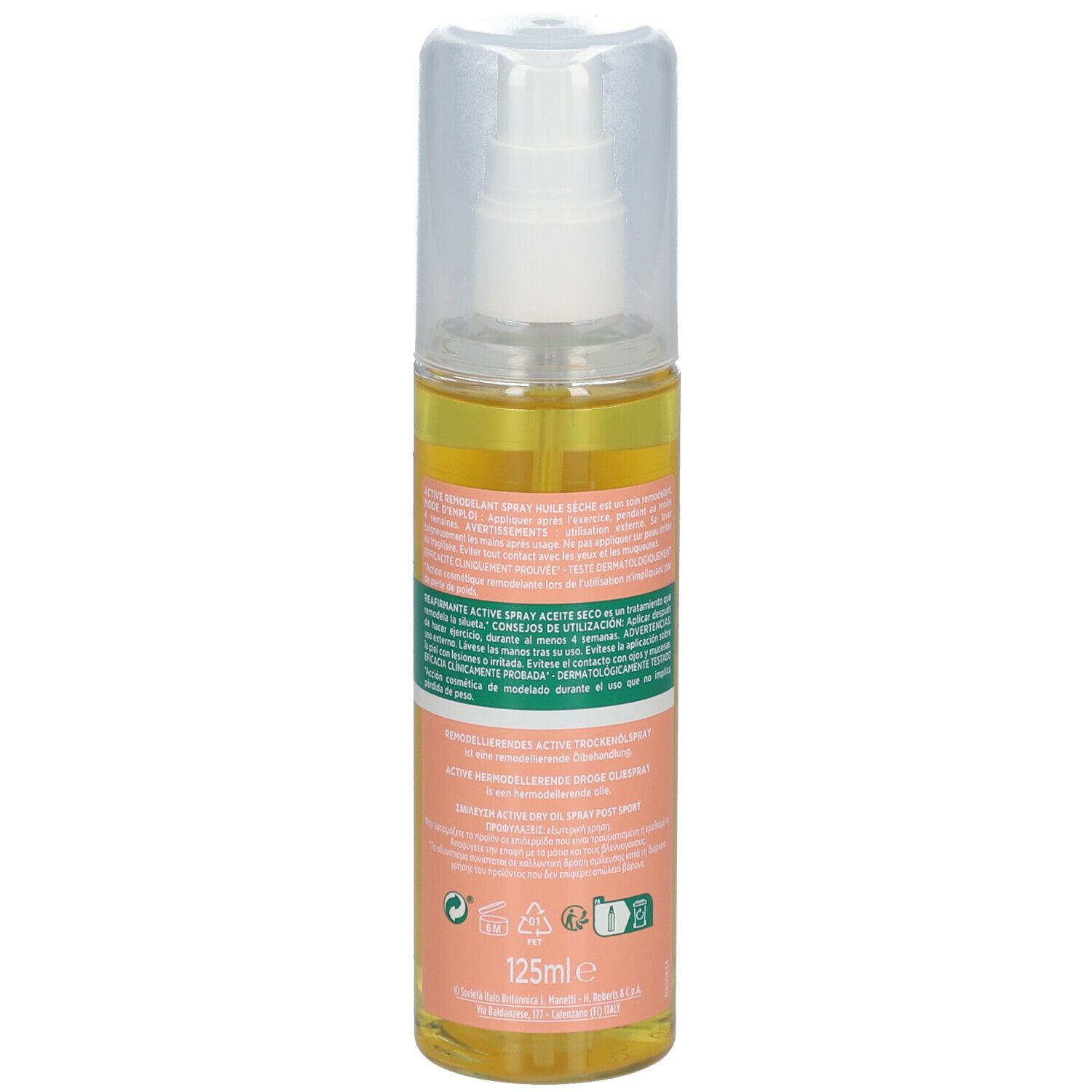 Achterkant van sprayflesje met droge olie. Opschriften: Remodelant Active, Somatoline Cosmetic. Meertalige tekst, 125ml.