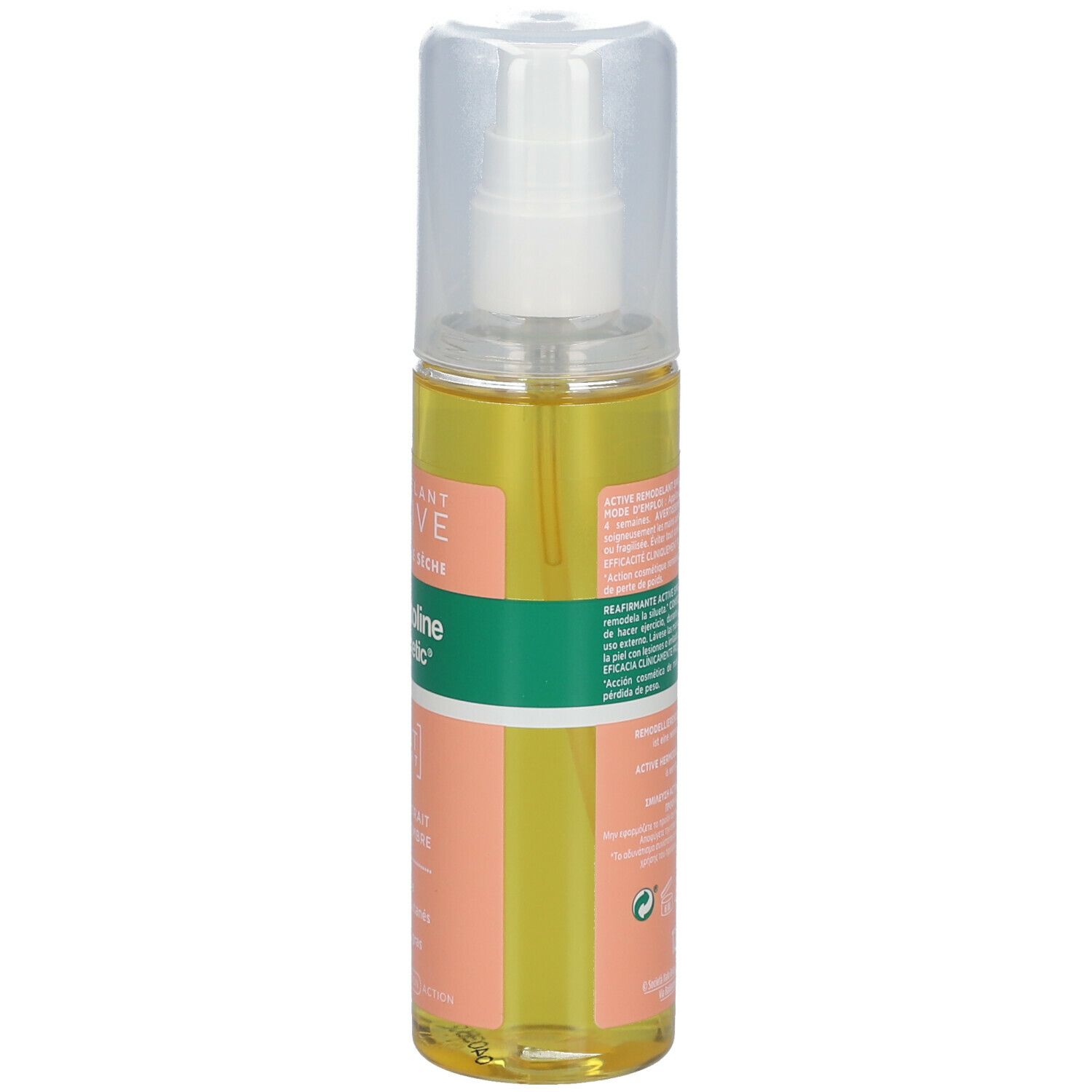 Achterkant van sprayflesje met droge olie. Opschriften: Remodelant Active, Somatoline Cosmetic. Meertalige tekst.