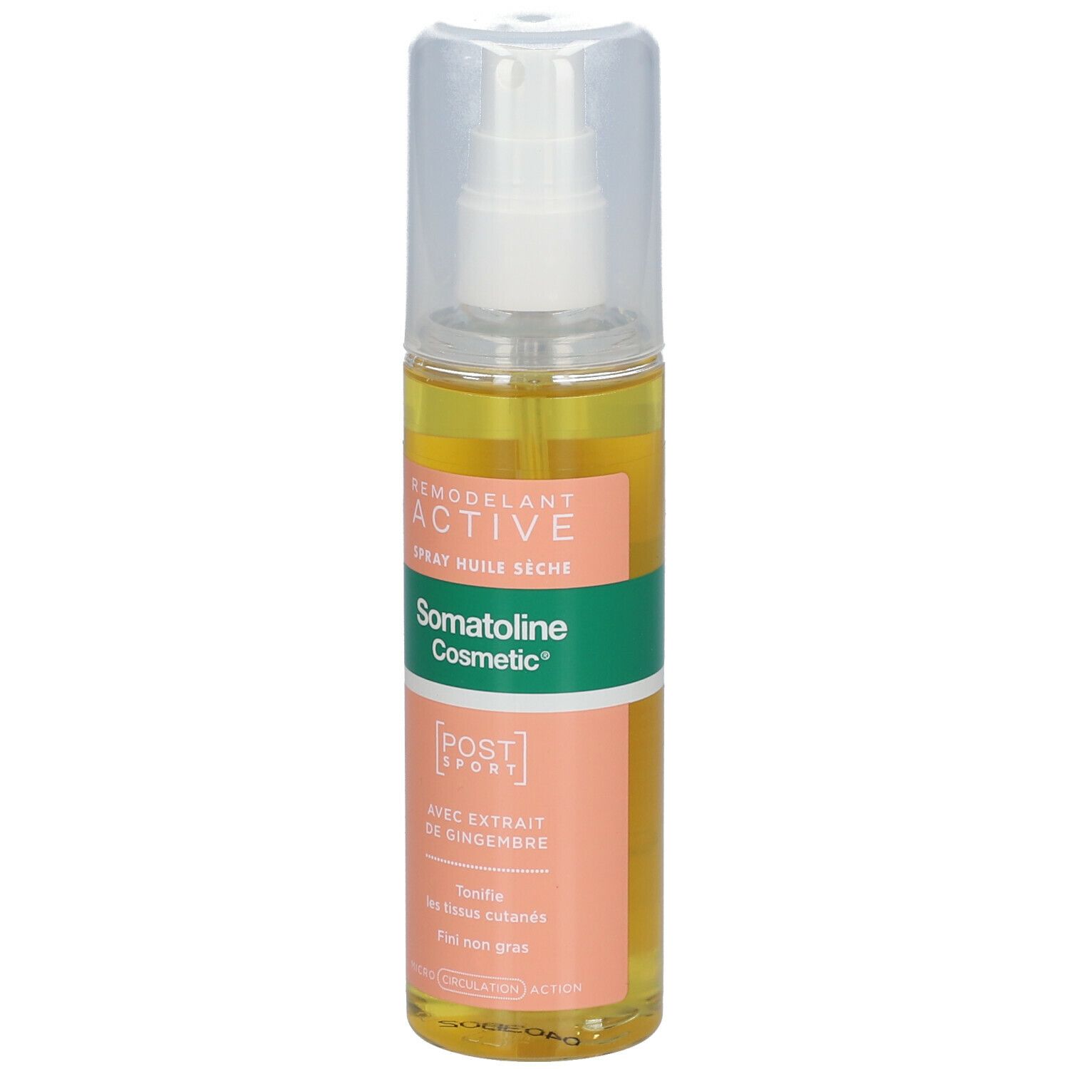 Sprayflesje met droge olie. Opschriften: Remodelant Active, Somatoline Cosmetic, Post Sport, met gemberextract. Niet vet.