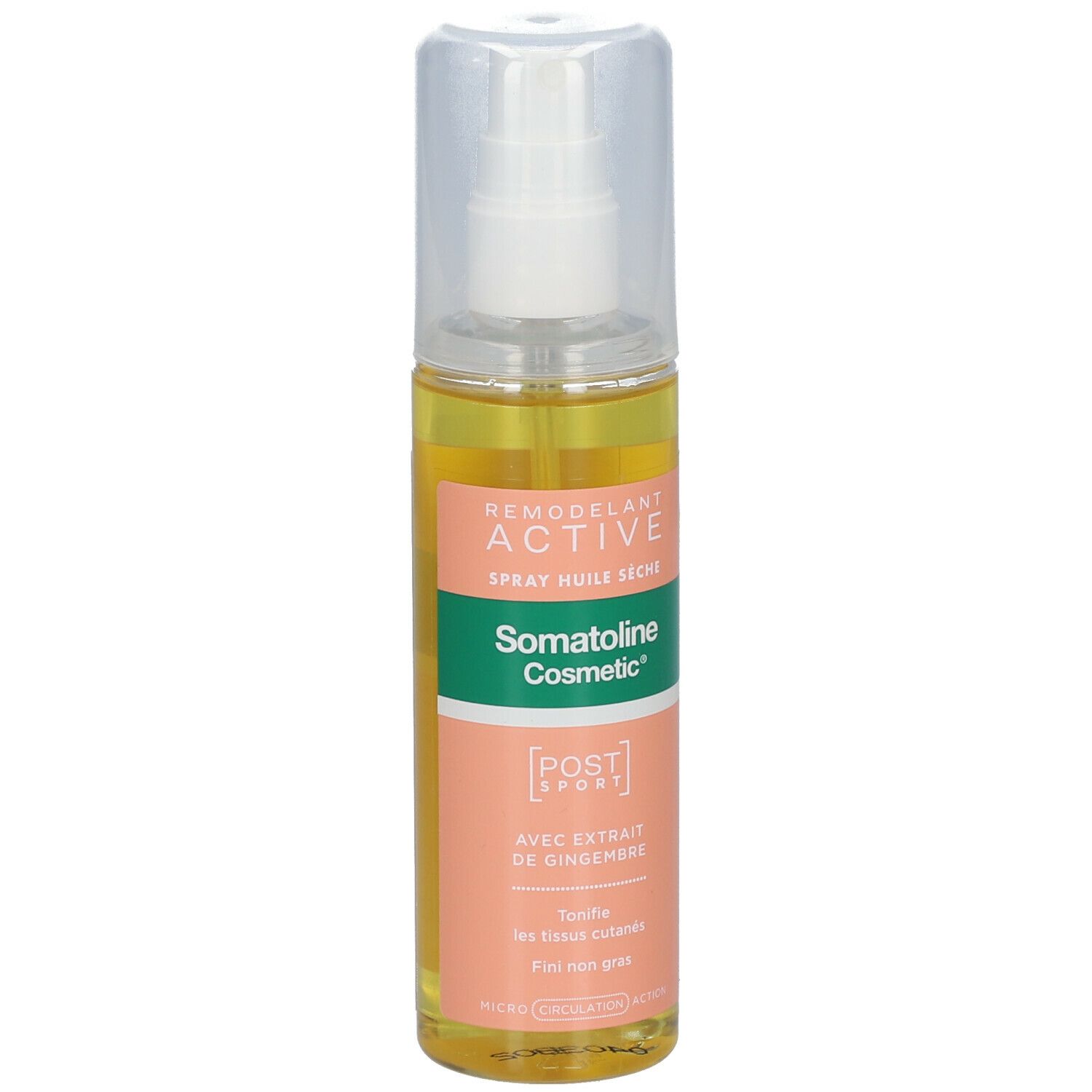 Sprayflesje met droge olie. Opschriften: Remodelant Active, Somatoline Cosmetic, Post Sport, met gemberextract. Niet vet.