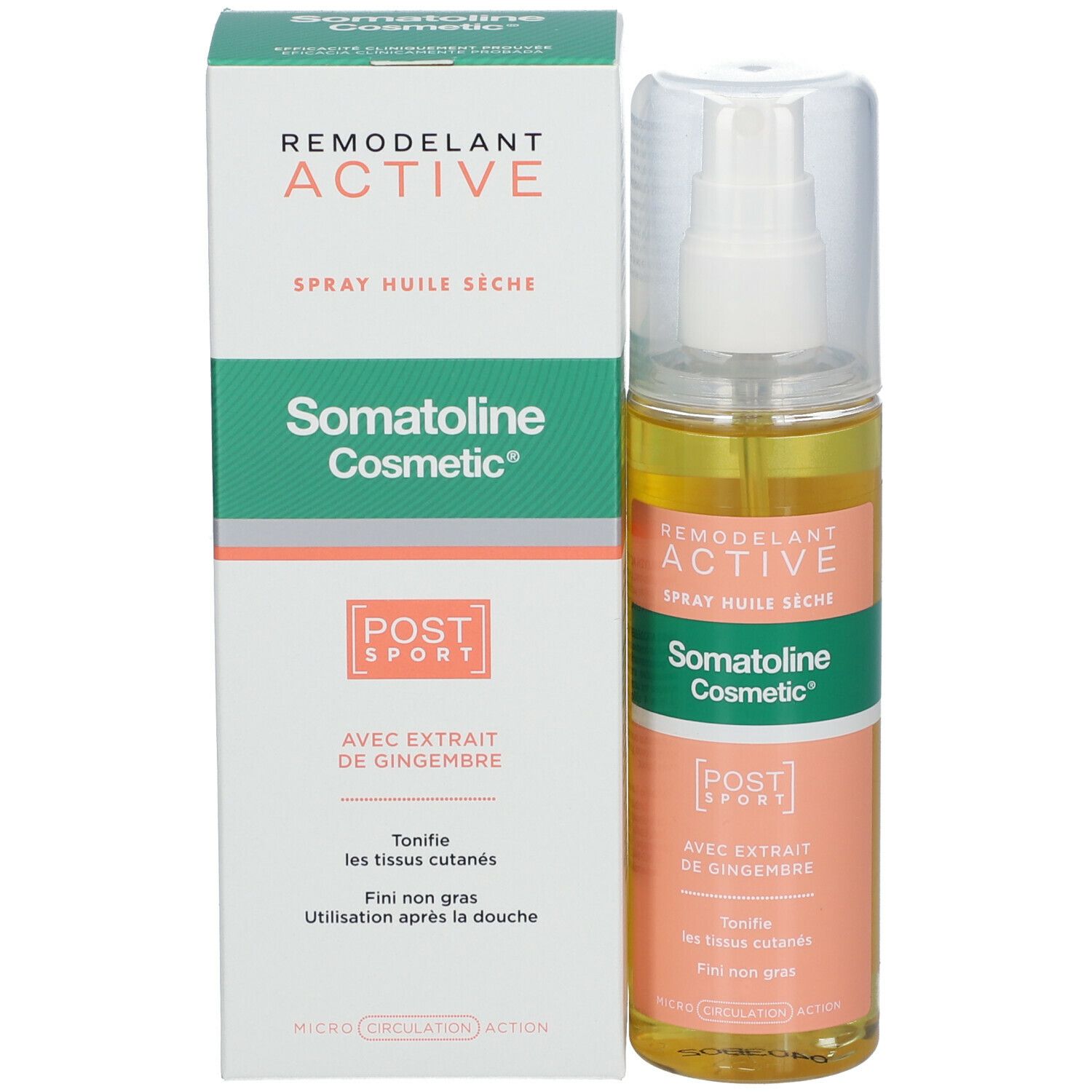 Verpakking en sprayflesje. Opschriften: Remodelant Active, Somatoline Cosmetic, Post Sport, met gemberextract. Niet vet.