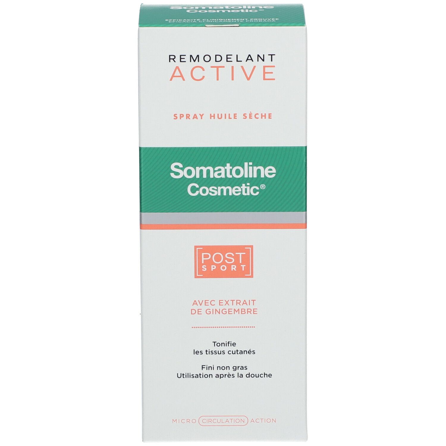 Productverpakking. Opschriften: Remodelant Active, Somatoline Cosmetic, Post Sport, met gemberextract. Niet vet.