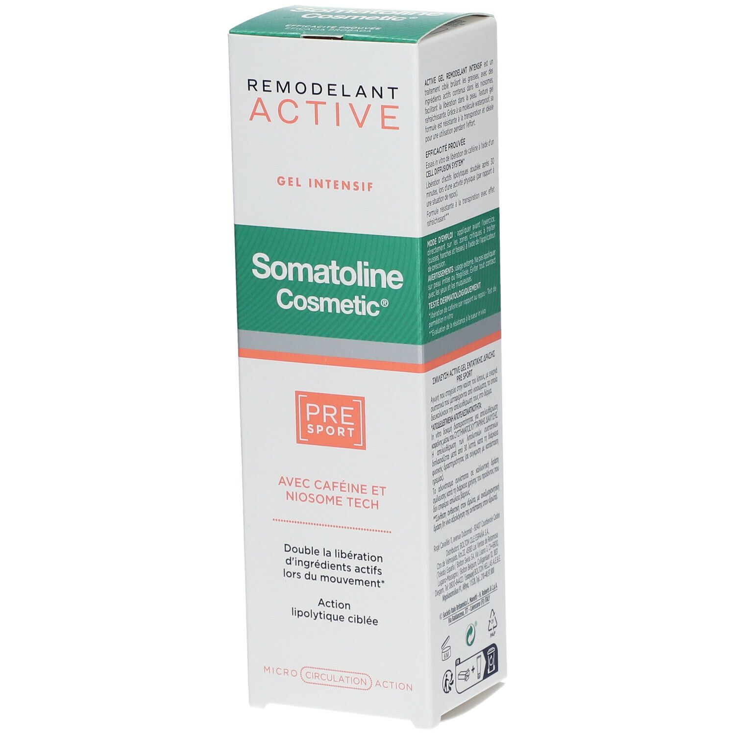 Doosje Somatoline Cosmetic Active Pre-Sport gel. Tekst: Remodelant Active, Gel Intensif, met cafeïne en Niosome Tech.