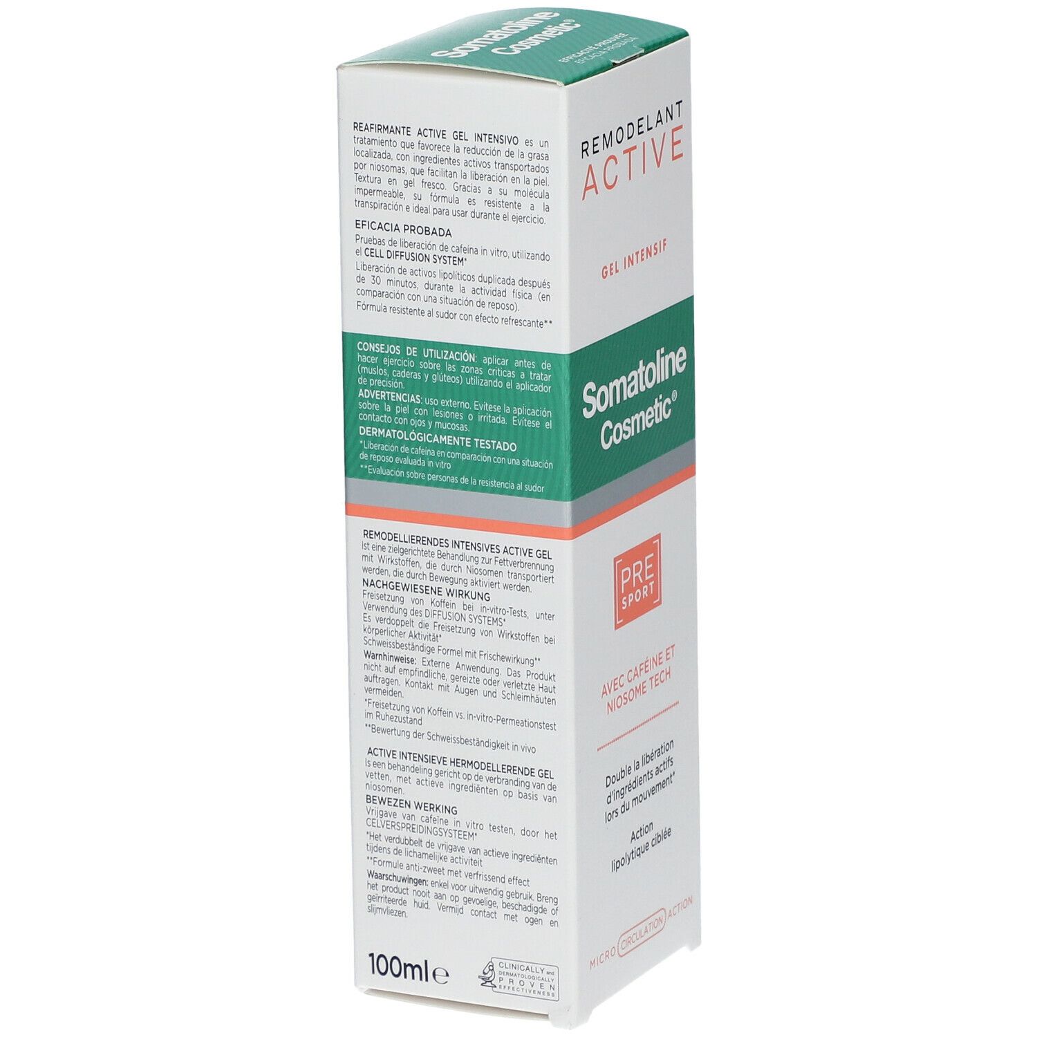 Achterkant doosje Somatoline Cosmetic Active Pre-Sport gel. Tekst: Gebruiksaanwijzing, ingrediënten, dermatologisch getest.