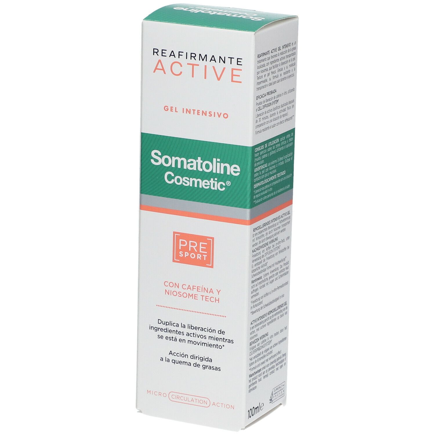 Doosje Somatoline Cosmetic Active Pre-Sport gel. Tekst: Reafirmante Active, Gel Intensivo, met cafeïne en Niosome Tech.