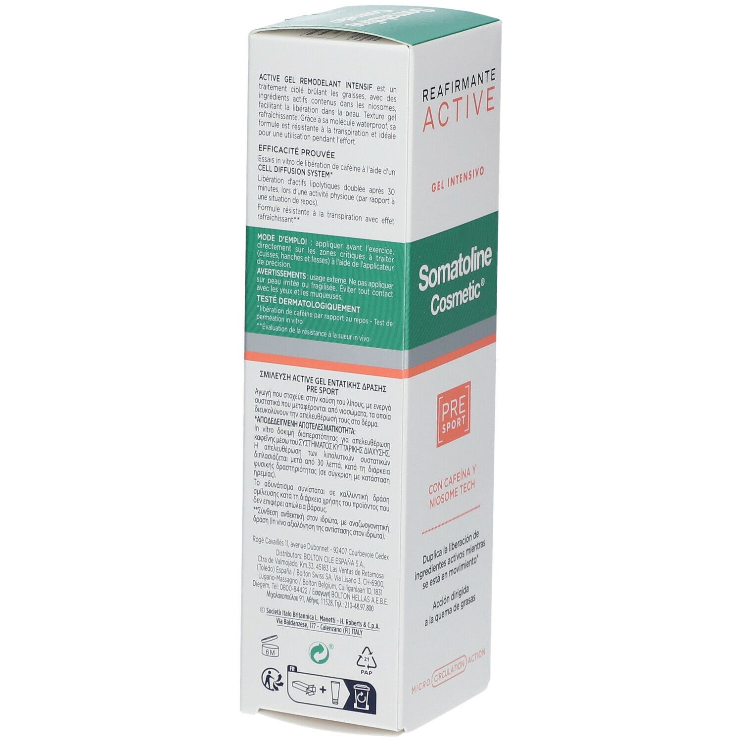 Achterkant doosje Somatoline Cosmetic Active Pre-Sport gel. Tekst: Gebruiksaanwijzing, dermatologisch getest.