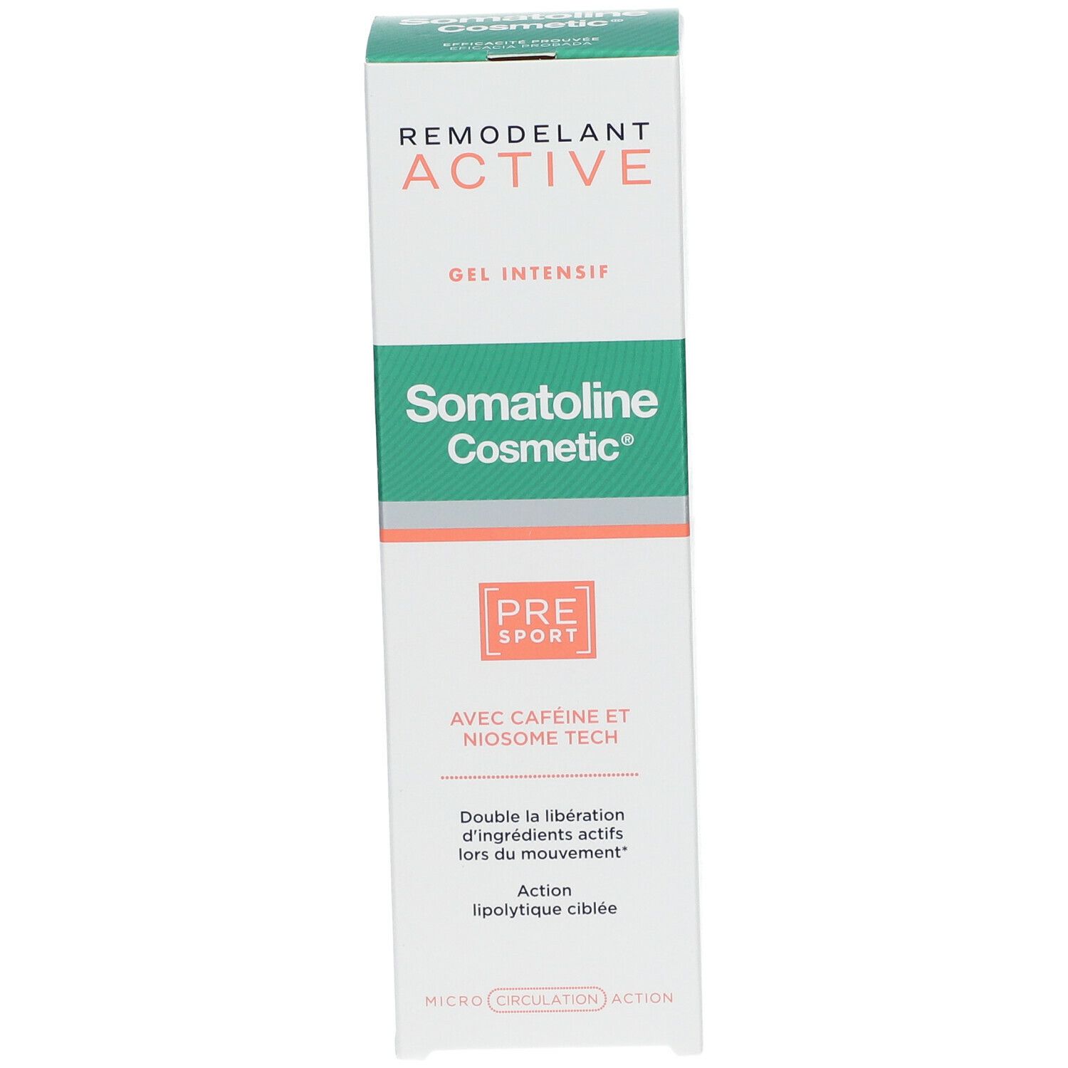 Doosje Somatoline Cosmetic Active Pre-Sport gel. Tekst: Remodelant Active, Gel Intensif, met cafeïne en Niosome Tech.