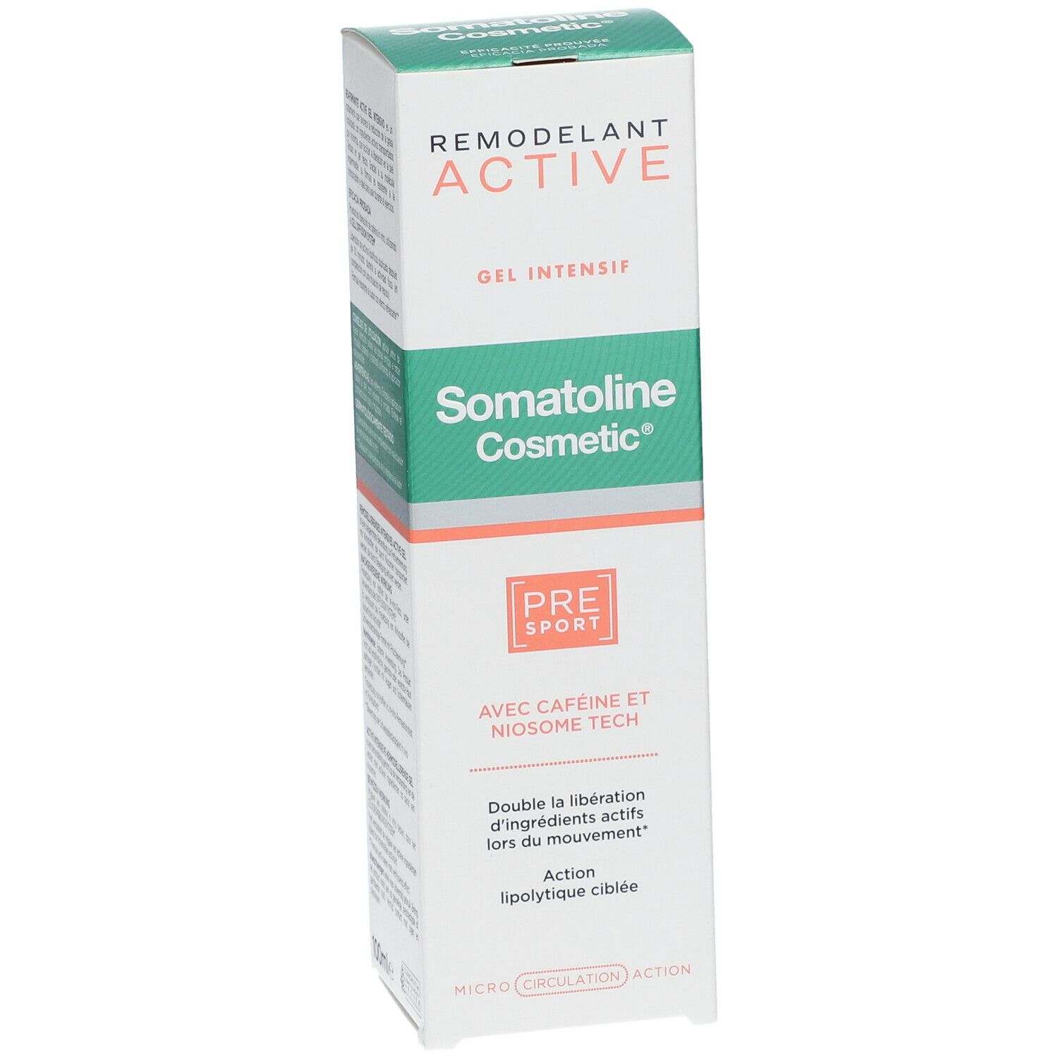 Doosje Somatoline Cosmetic Active Pre-Sport gel. Tekst: Remodelant Active, Gel Intensif, met cafeïne en Niosome Tech.