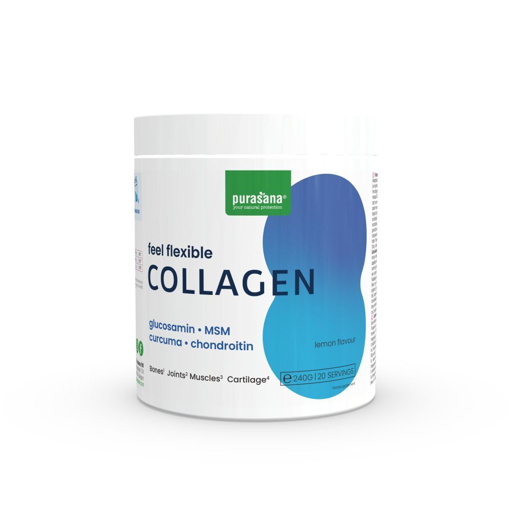 Récipient blanc avec design bleu. Inscription: Collagène, MSM, glucosamine, curcuma, chondroïtine. Goût citron.