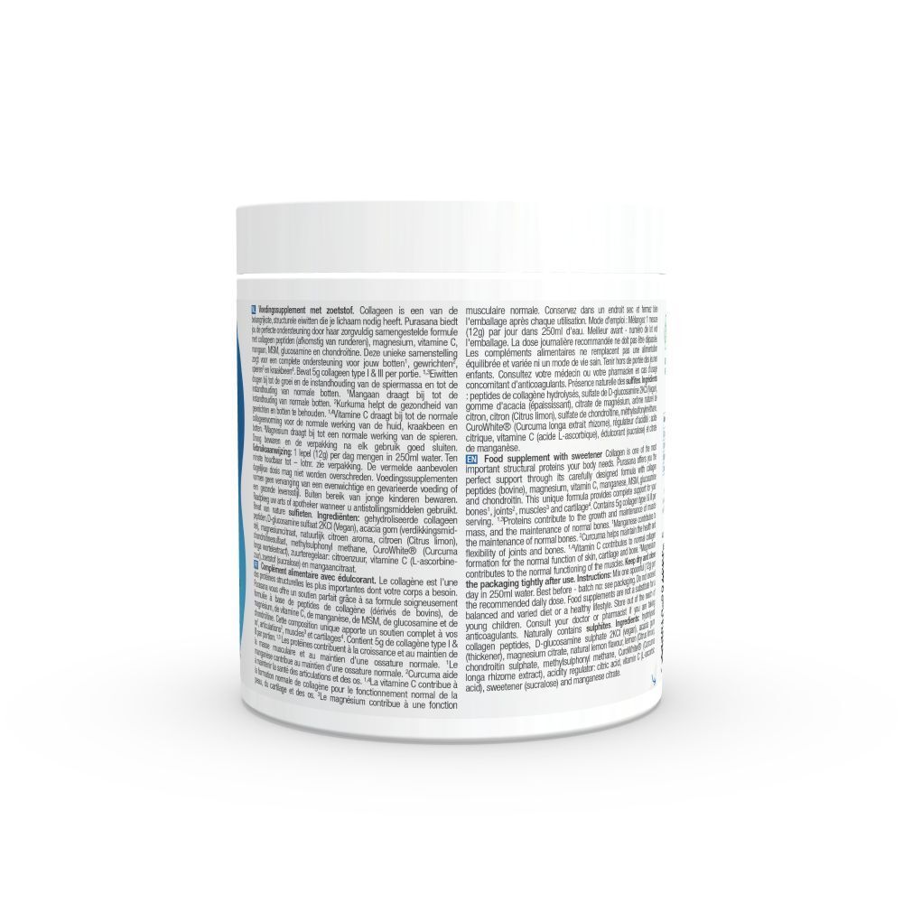 Récipient blanc avec texte. Inscription: Collagène. Dos avec informations en plusieurs langues.