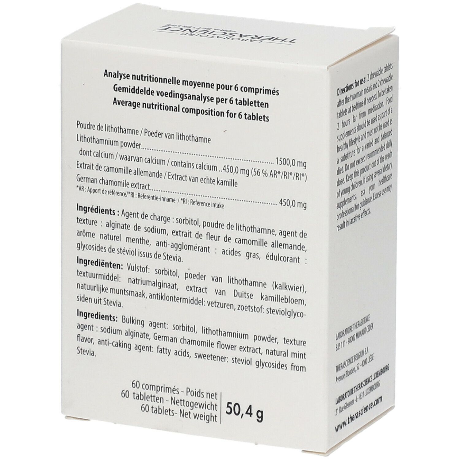 Boîte blanche avec analyse nutritionnelle pour 6 comprimés. Contient des ingrédients comme la poudre de lithothamne et l'extrait de camomille. Poids : 50,4 g.