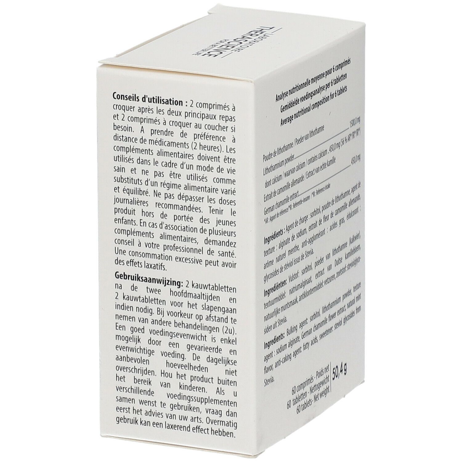 Boîte blanche avec texte. Contient des conseils d'utilisation et des avertissements. Marque : THERASCIENCE. Poids : 50,4 g.