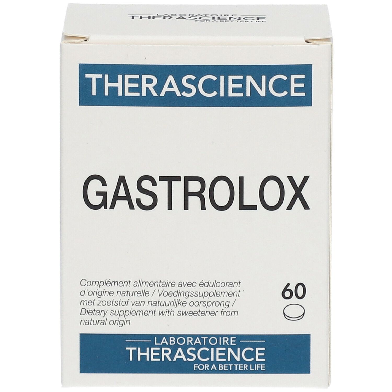 Boîte blanche avec logos THERASCIENCE et GASTROLOX. Contient 60 comprimés. Texte : Complément alimentaire avec édulcorant d'origine naturelle.