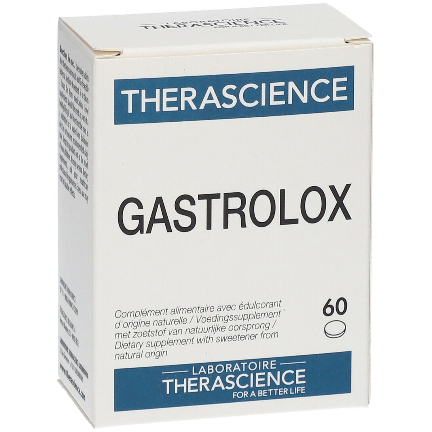 Boîte blanche avec logos THERASCIENCE et GASTROLOX. Contient 60 comprimés. Texte : Complément alimentaire avec édulcorant d'origine naturelle.