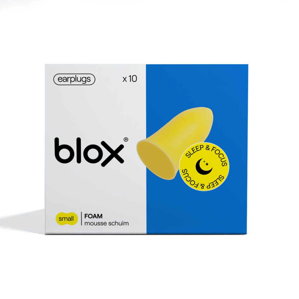 Verpakking met gele oordopjes. Merk blox, opschrift 'Sleep & Focus'.