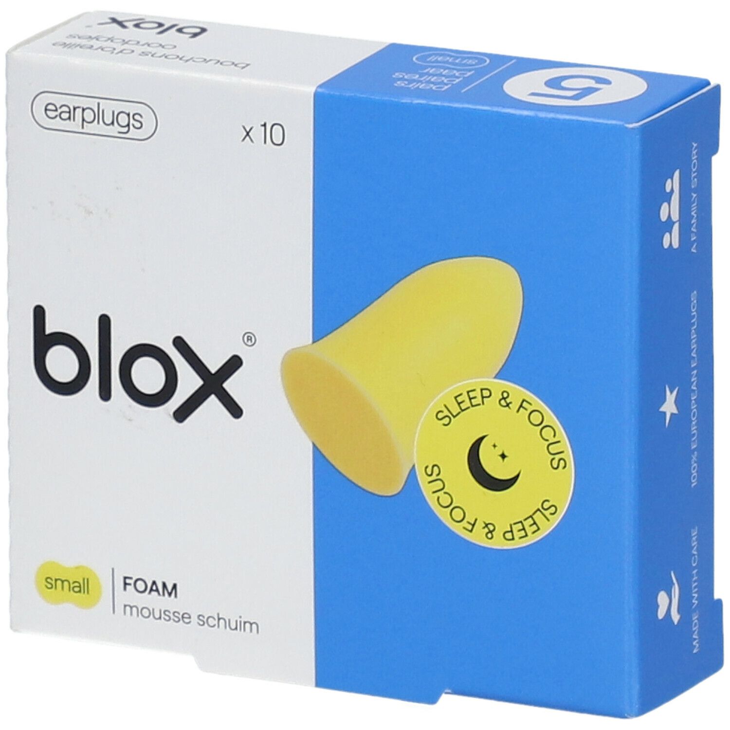 Verpakking met gele oordopjes. Merk blox, opschrift 'Sleep & Focus'. 10 stuks.
