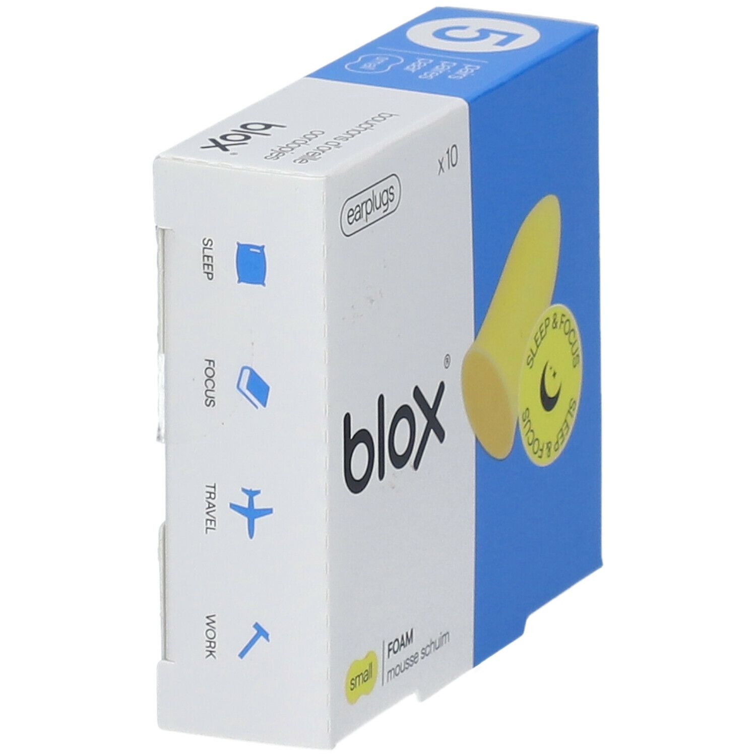 Verpakking met gele oordopjes. Merk blox, opschrift 'Sleep & Focus'. Blauwe en witte doos.