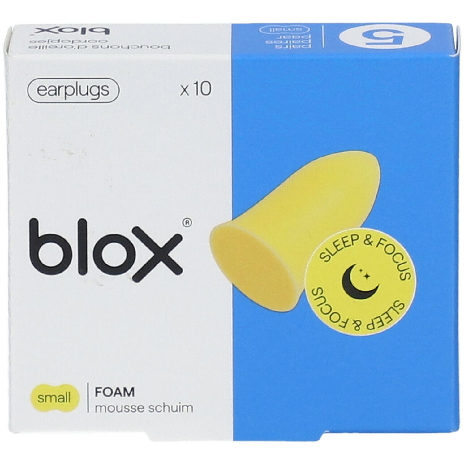 Verpakking met gele oordopjes. Merk blox, opschrift 'Sleep & Focus'. 10 stuks.