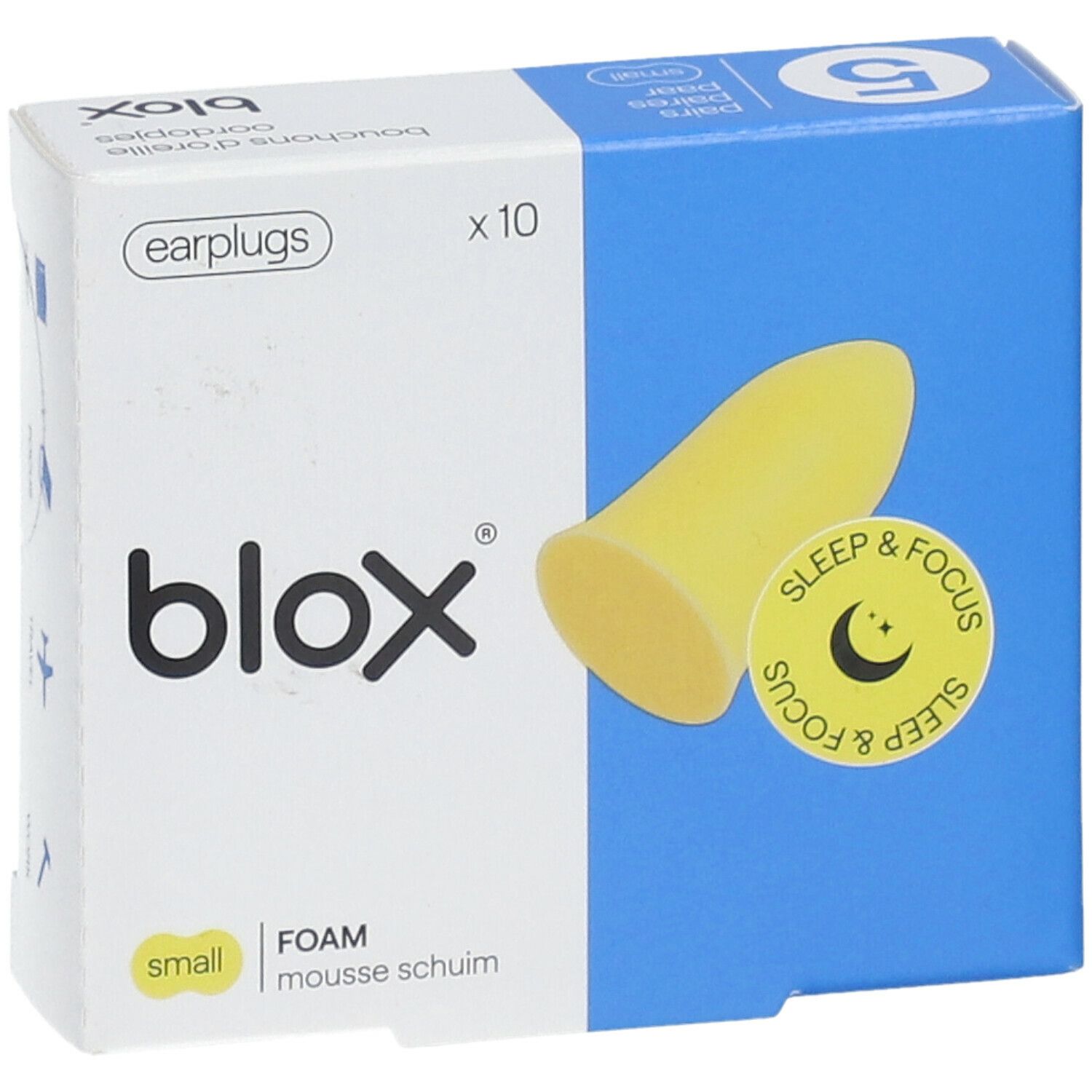 Verpakking met gele oordopjes. Merk blox, opschrift 'Sleep & Focus'.