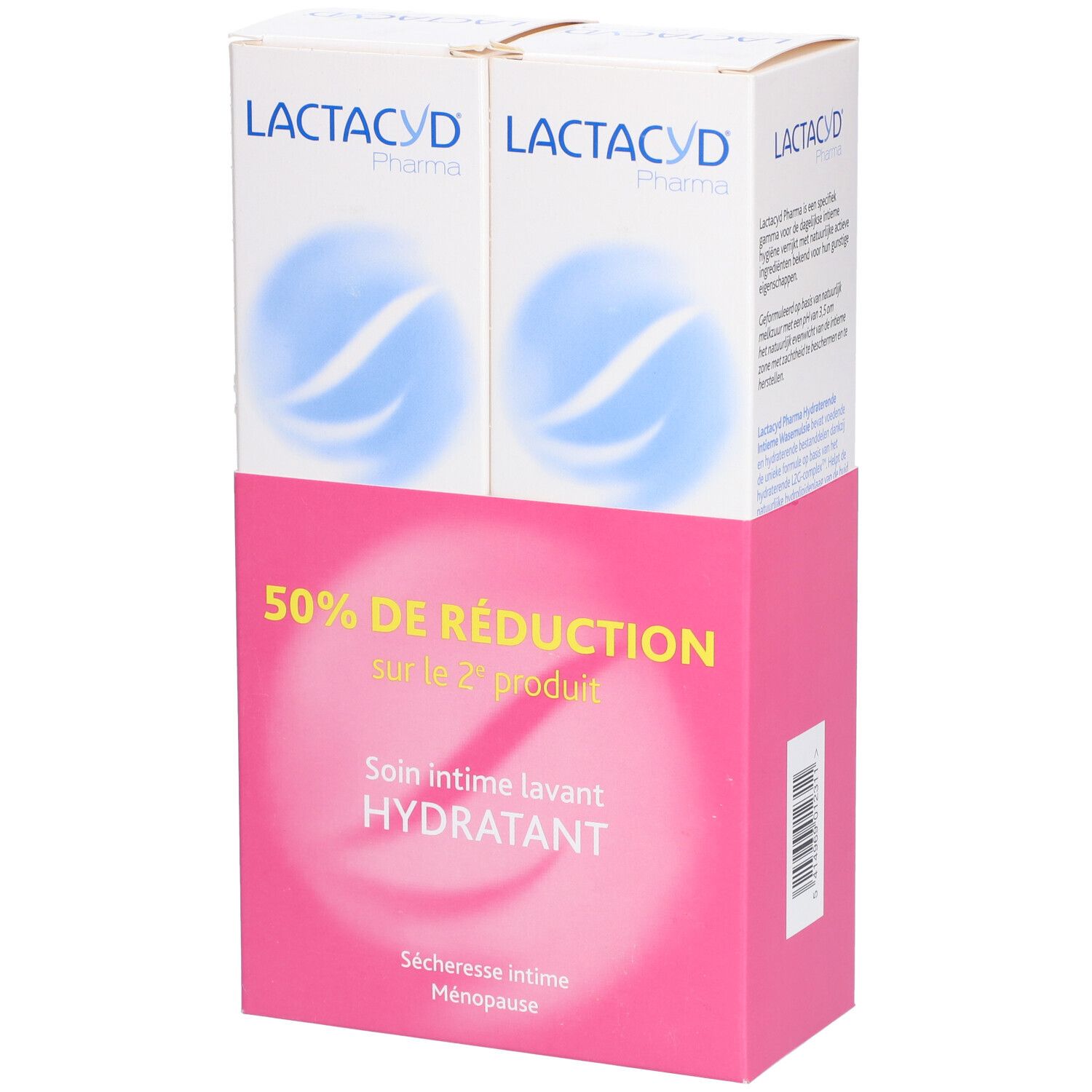 Pack de deux produits Lactacyd. Emballage rose et blanc avec texte et logo. Inscription : 50% de réduction sur le 2ème produit.