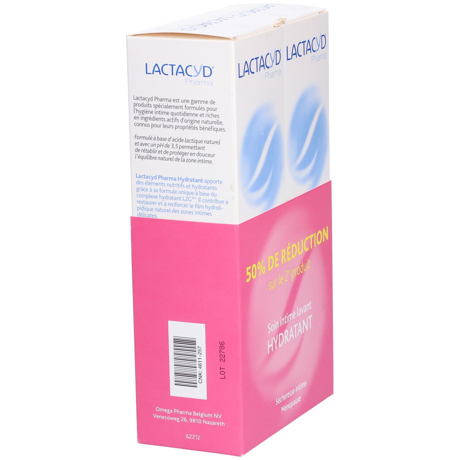 Pack de deux produits Lactacyd. Emballage rose et blanc avec texte et logo. Inscription : 50% de réduction sur le 2ème produit.