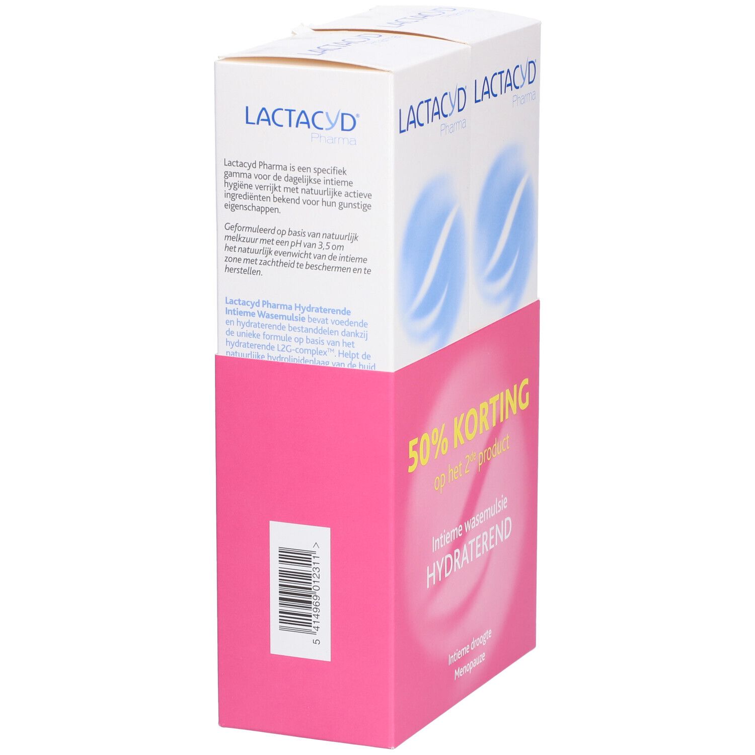 Pack de deux produits Lactacyd. Emballage rose et blanc avec texte et logo. Inscription : 50% de réduction sur le 2ème produit.