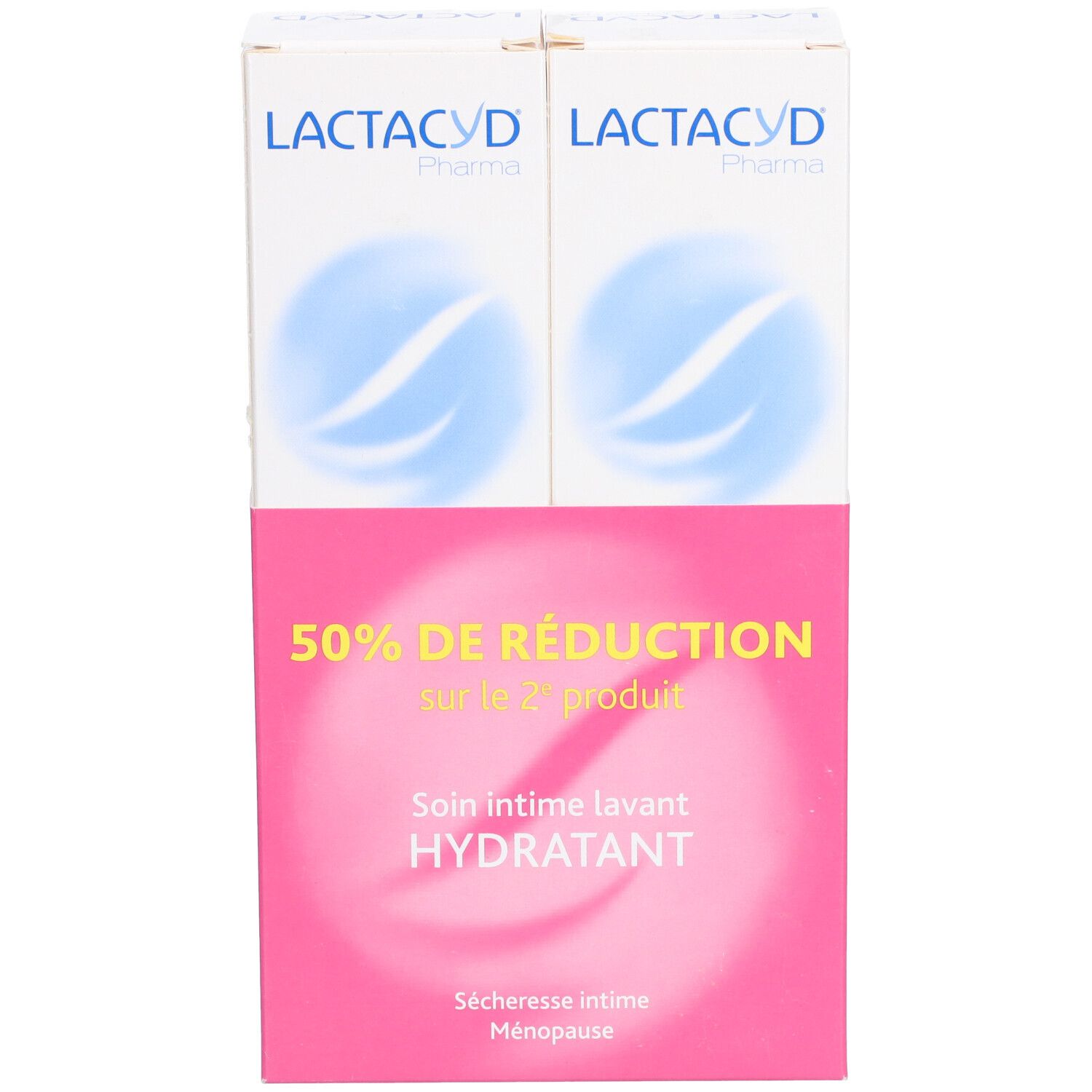 Pack de deux produits Lactacyd. Emballage rose et blanc avec texte et logo. Inscription : 50% de réduction sur le 2ème produit.