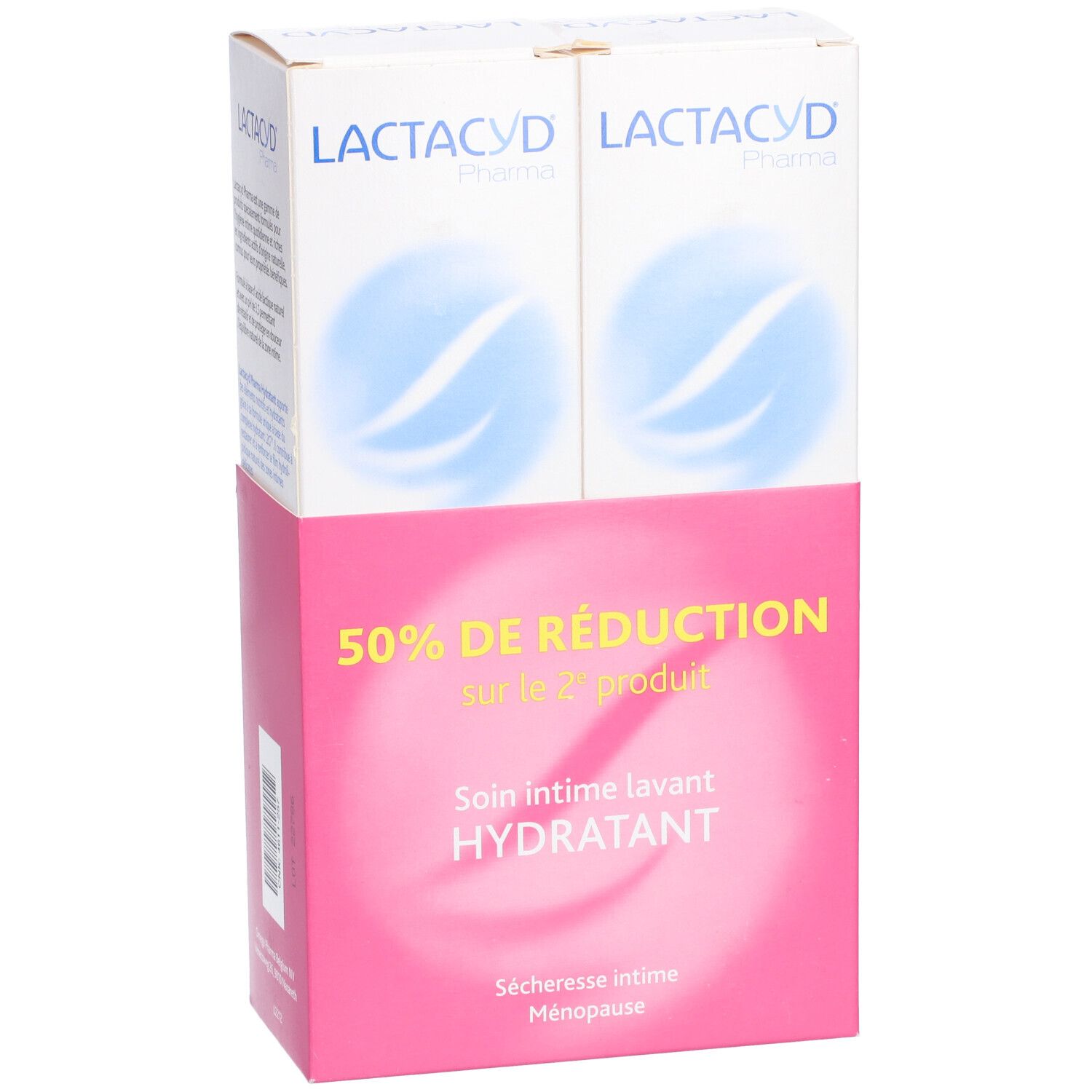 Pack de deux produits Lactacyd. Emballage rose et blanc avec texte et logo. Inscription : 50% de réduction sur le 2ème produit.