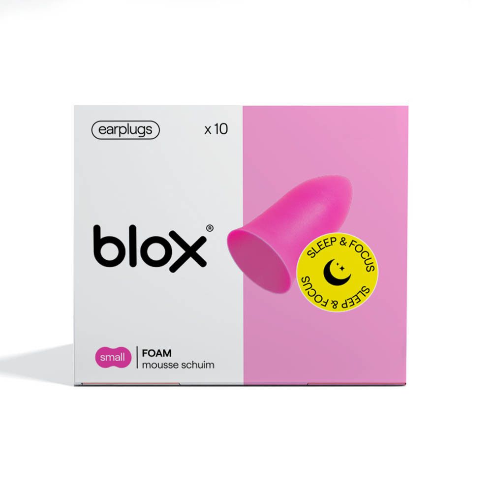 Boîte de bouchons d'oreille blox® roses. Contient 10 pièces. Inscription : Sleep & Focus. Petite taille.
