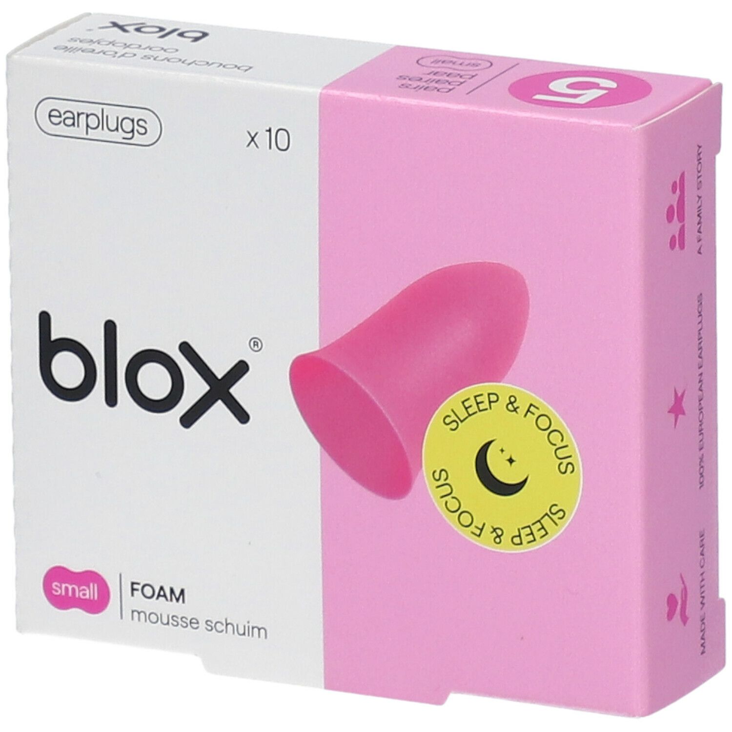 Boîte de bouchons d'oreille blox® roses. Contient 10 pièces. Inscription : Sleep & Focus. Petite taille.
