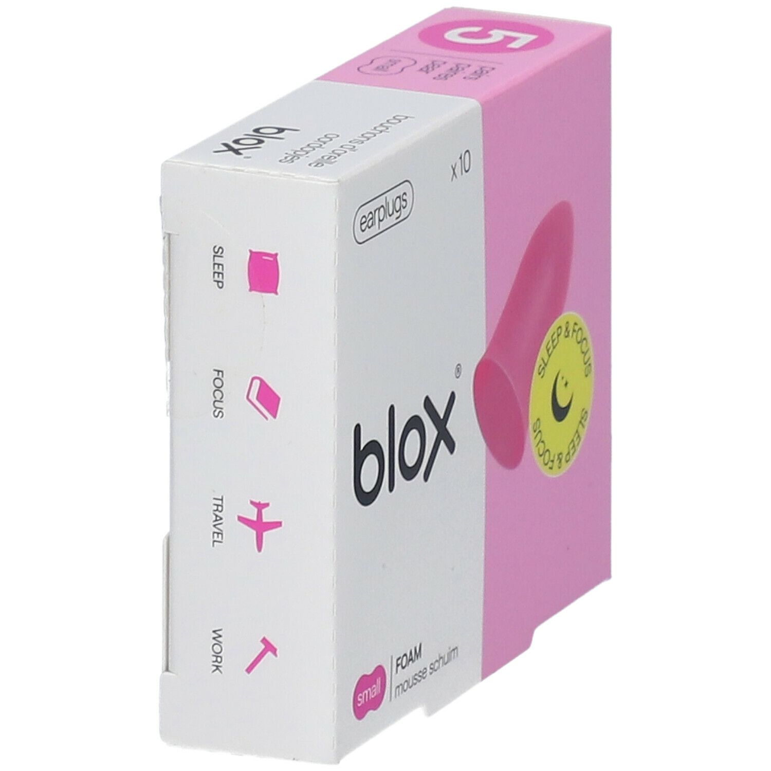 Emballage de bouchons d'oreille blox®. Rose et blanc. Inscription : Sleep, Focus, Travel, Work. Petite taille.