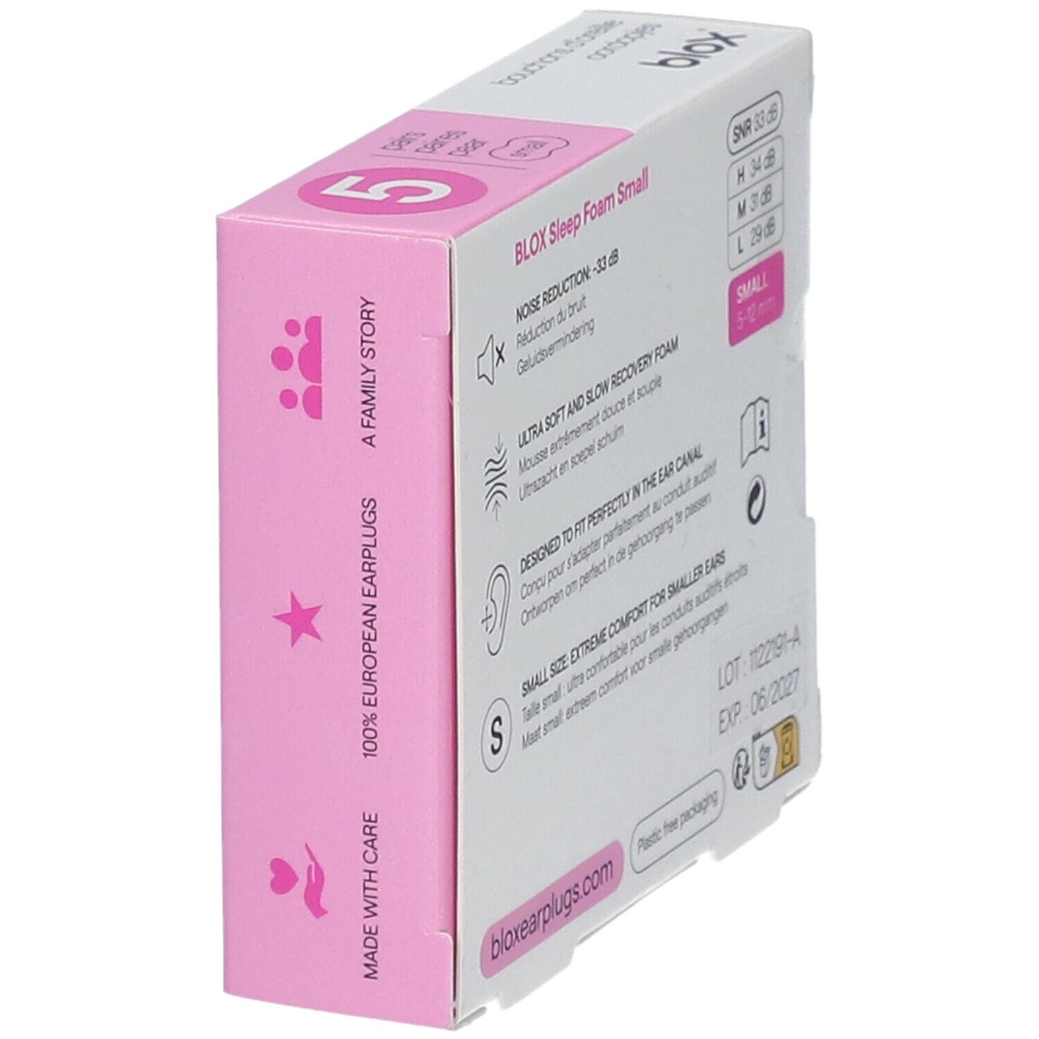 Emballage de bouchons d'oreille blox®. Rose et blanc. Inscription : Sleep, Focus, Travel, Work. Petite taille.