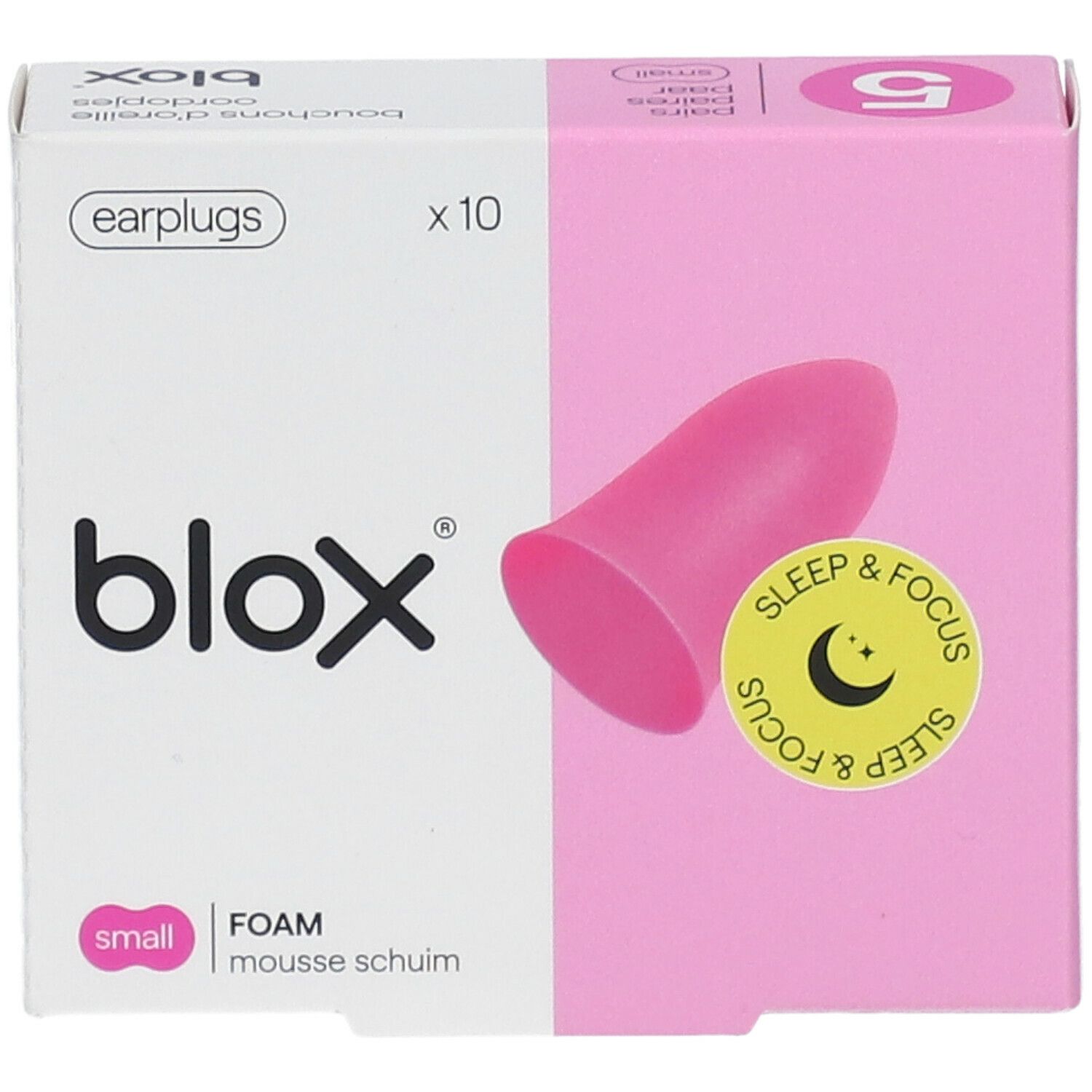 Boîte de bouchons d'oreille blox® roses. Contient 10 pièces. Inscription : Sleep & Focus. Petite taille.