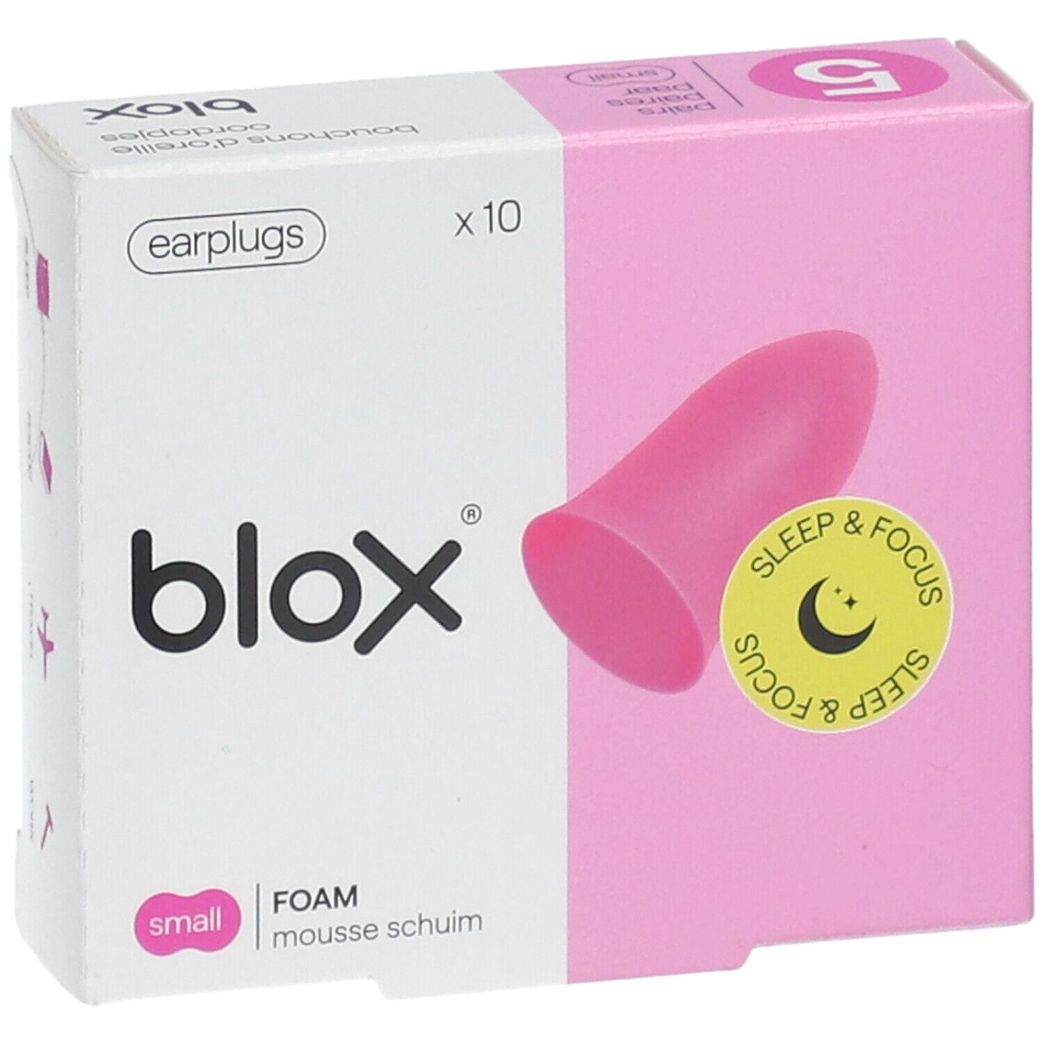 Boîte de bouchons d'oreille blox® roses. Contient 10 pièces. Inscription : Sleep & Focus. Petite taille.