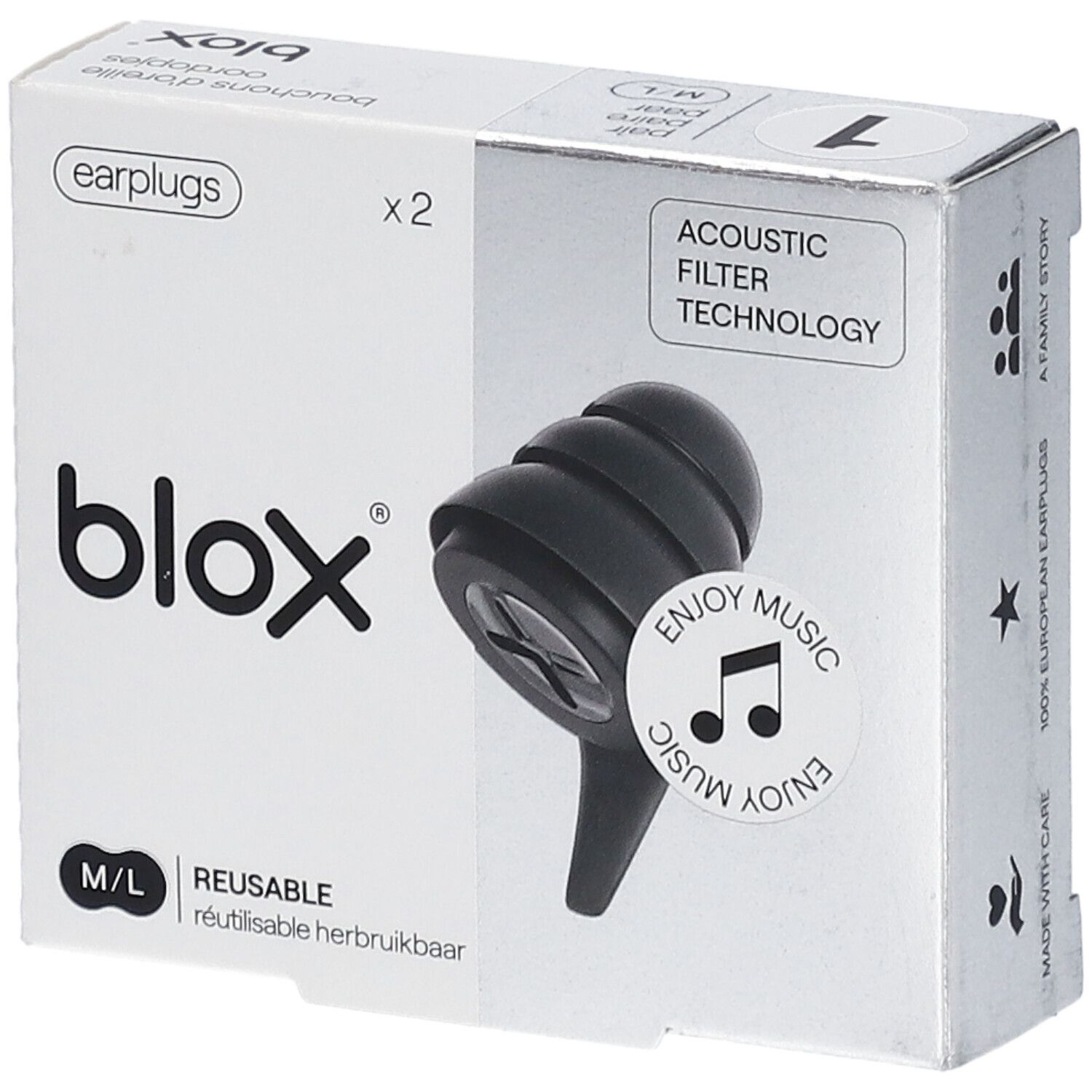 Ohrstöpsel in Verpackung. Marke: blox. Schwarz, wiederverwendbar. Größe M/L. Mit Akustikfilter-Technologie.
