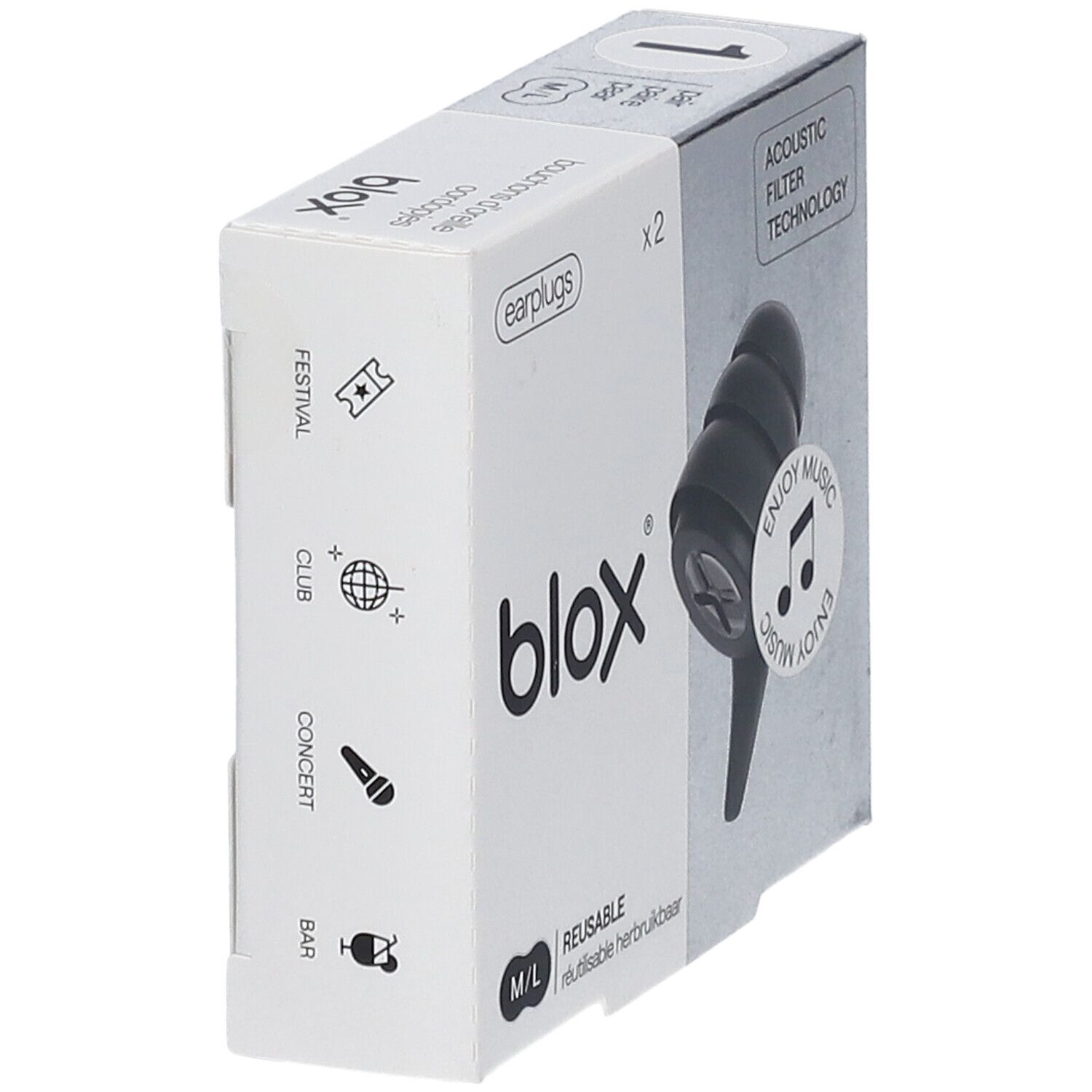 Ohrstöpsel in Verpackung. Marke: blox. Schwarz, wiederverwendbar. Größe M/L. Mit Akustikfilter-Technologie.