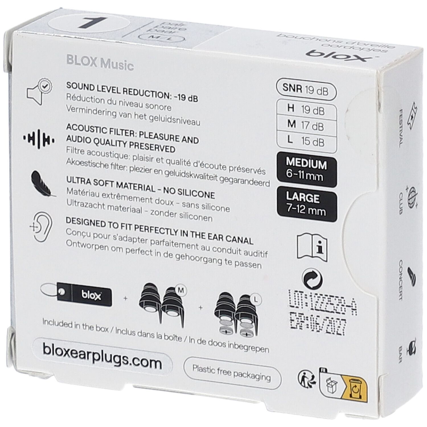 Ohrstöpsel in Verpackung. Marke: blox. Schwarz, wiederverwendbar. Größe M/L. Mit Akustikfilter-Technologie.
