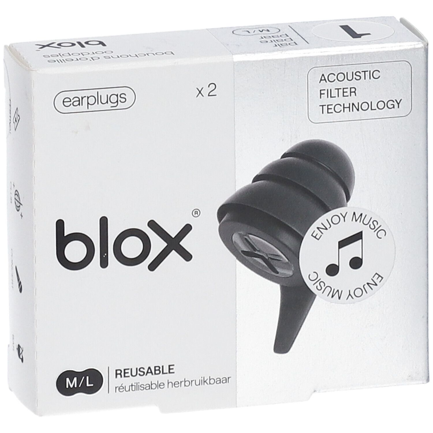 Ohrstöpsel in Verpackung. Marke: blox. Schwarz, wiederverwendbar. Größe M/L. Mit Akustikfilter-Technologie.