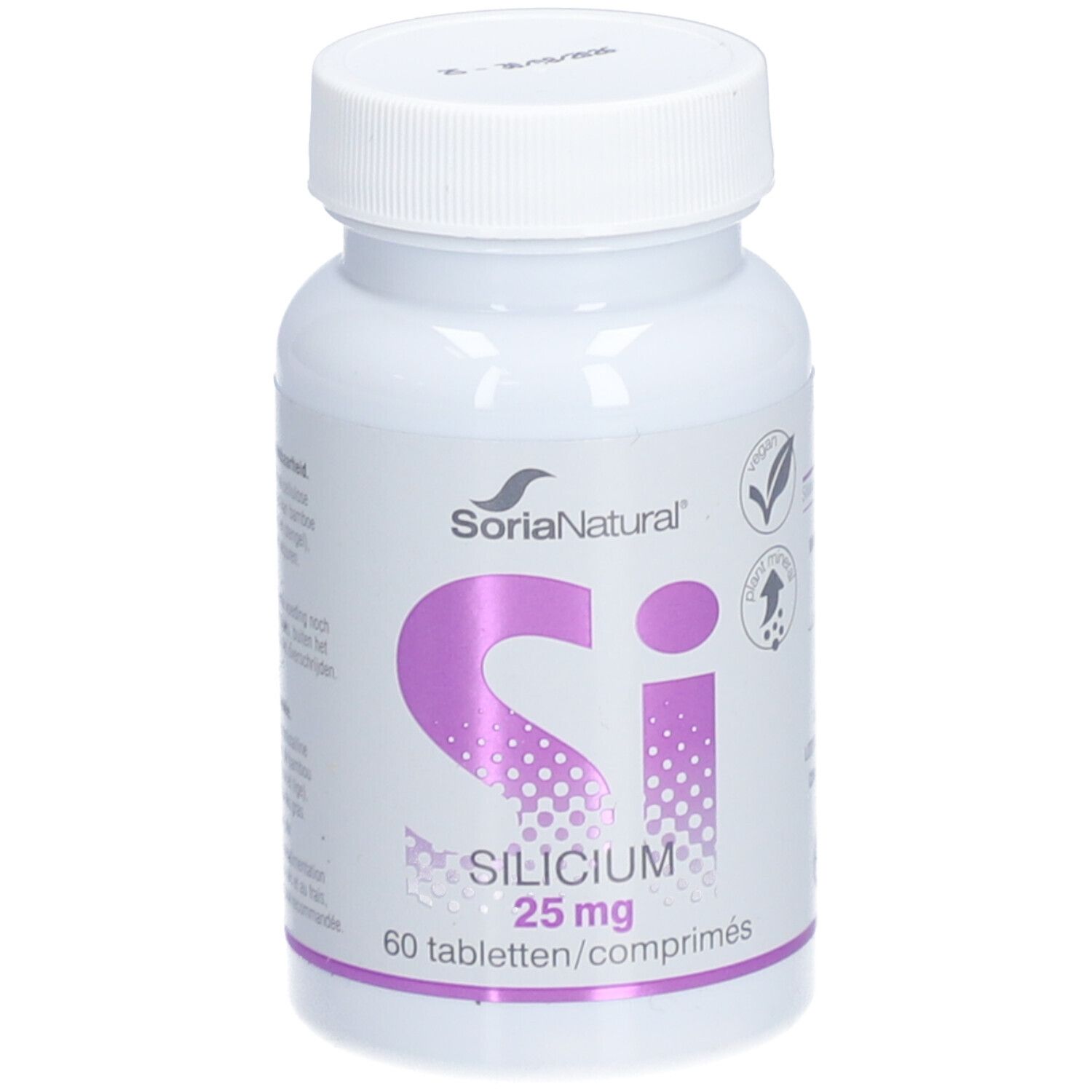 Weiße Flasche mit lila Aufschrift "Si Silicium 25 mg". 60 Tabletten. Marke: Soria Natural. Vegan-Siegel.