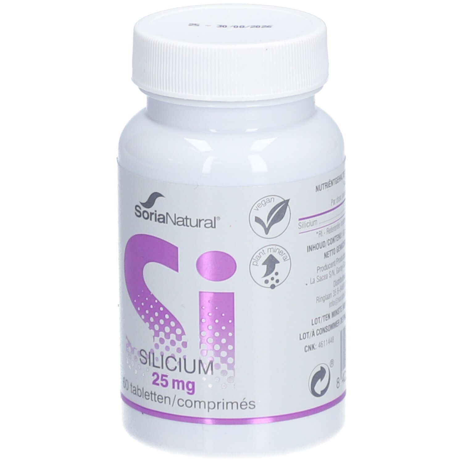 Weiße Flasche mit lila Aufschrift "Si Silicium 25 mg". 60 Tabletten. Marke: Soria Natural. Vegan-Siegel.