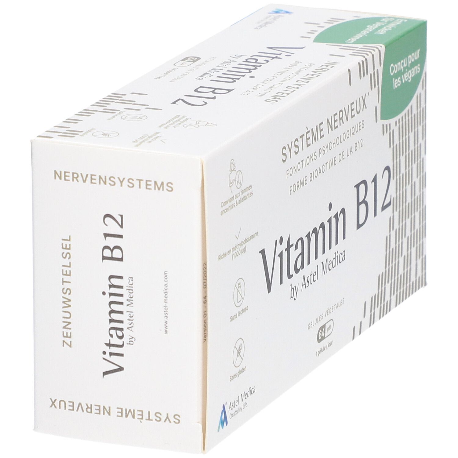 Boîte de Vitamin B12. Inscription: NERVENSYSTEM, Vitamin B12 by Astel Medica. Convient aux végétaliens.