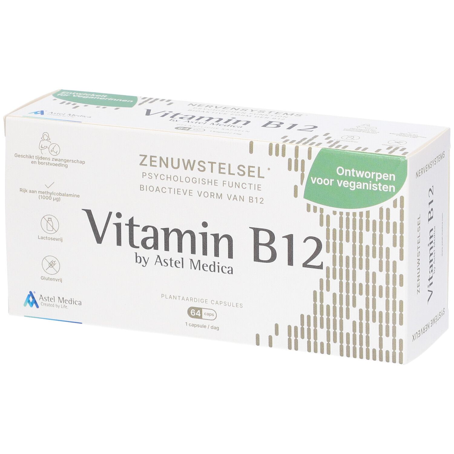 Boîte de Vitamin B12. Inscription: ZENUWSTELSEL, Vitamin B12 by Astel Medica. Convient aux végétaliens.