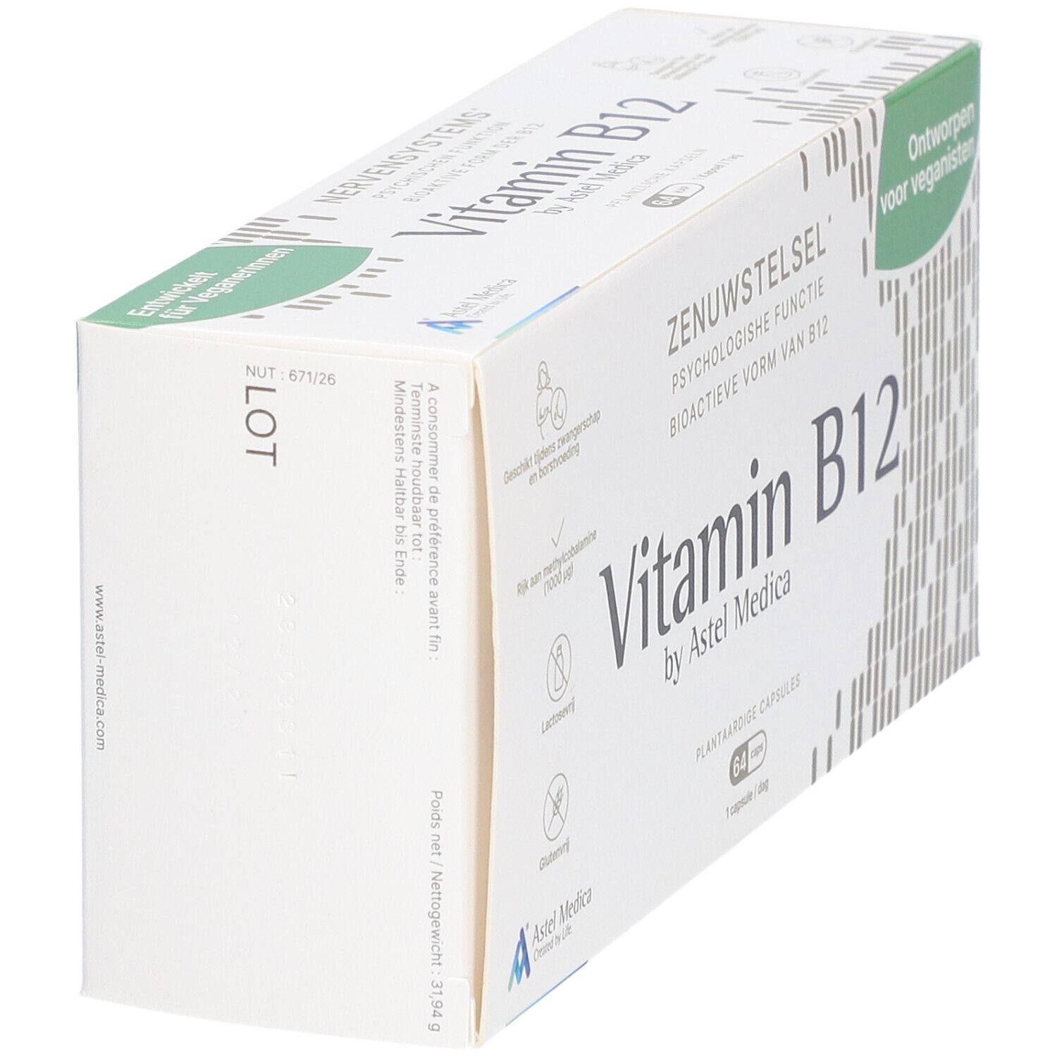 Boîte de Vitamin B12. Inscription: ZENUWSTELSEL, Vitamin B12 by Astel Medica. Convient aux végétaliens.