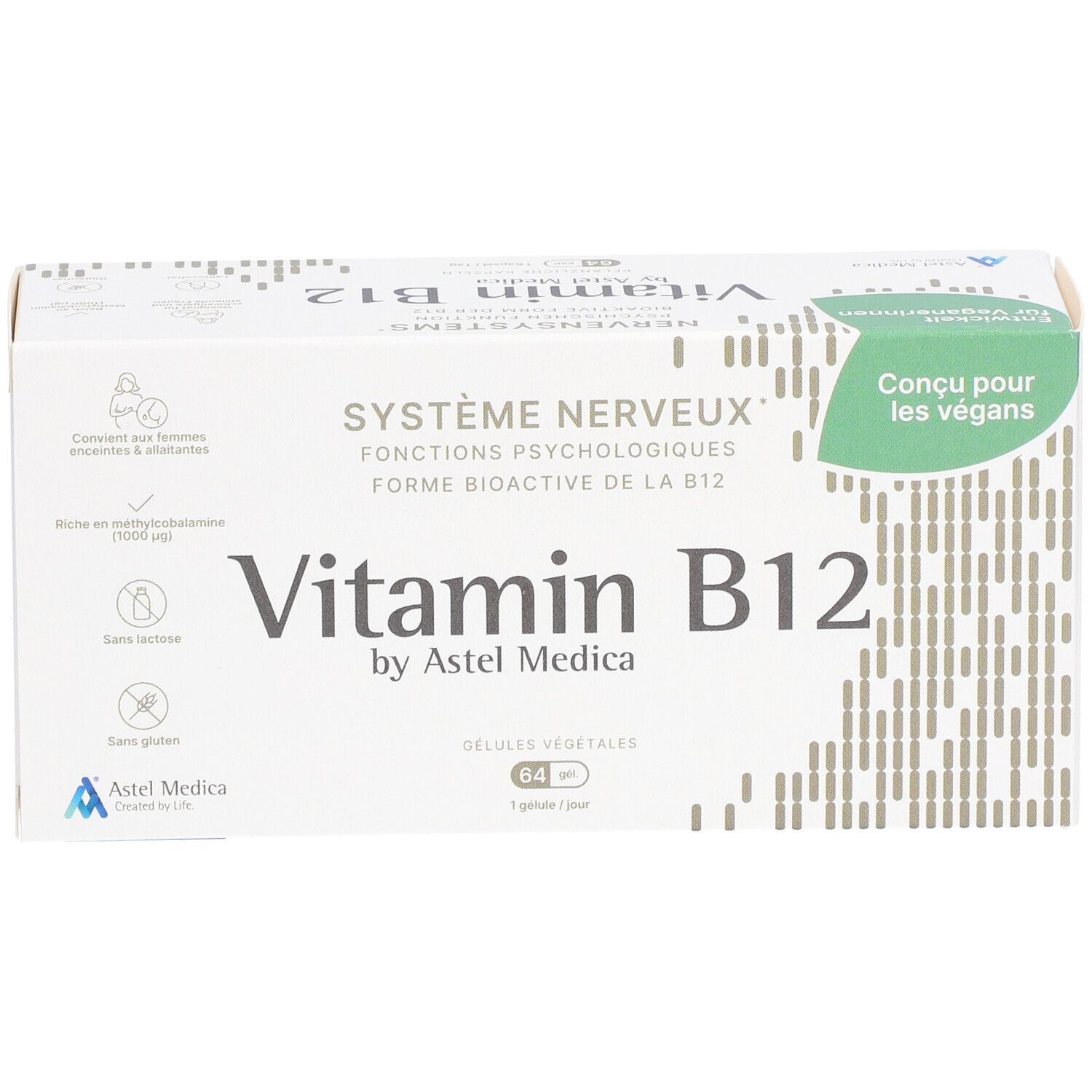 Boîte de Vitamin B12. Inscription: SYSTEME NERVEUX, Vitamin B12 by Astel Medica. Convient aux végétaliens.
