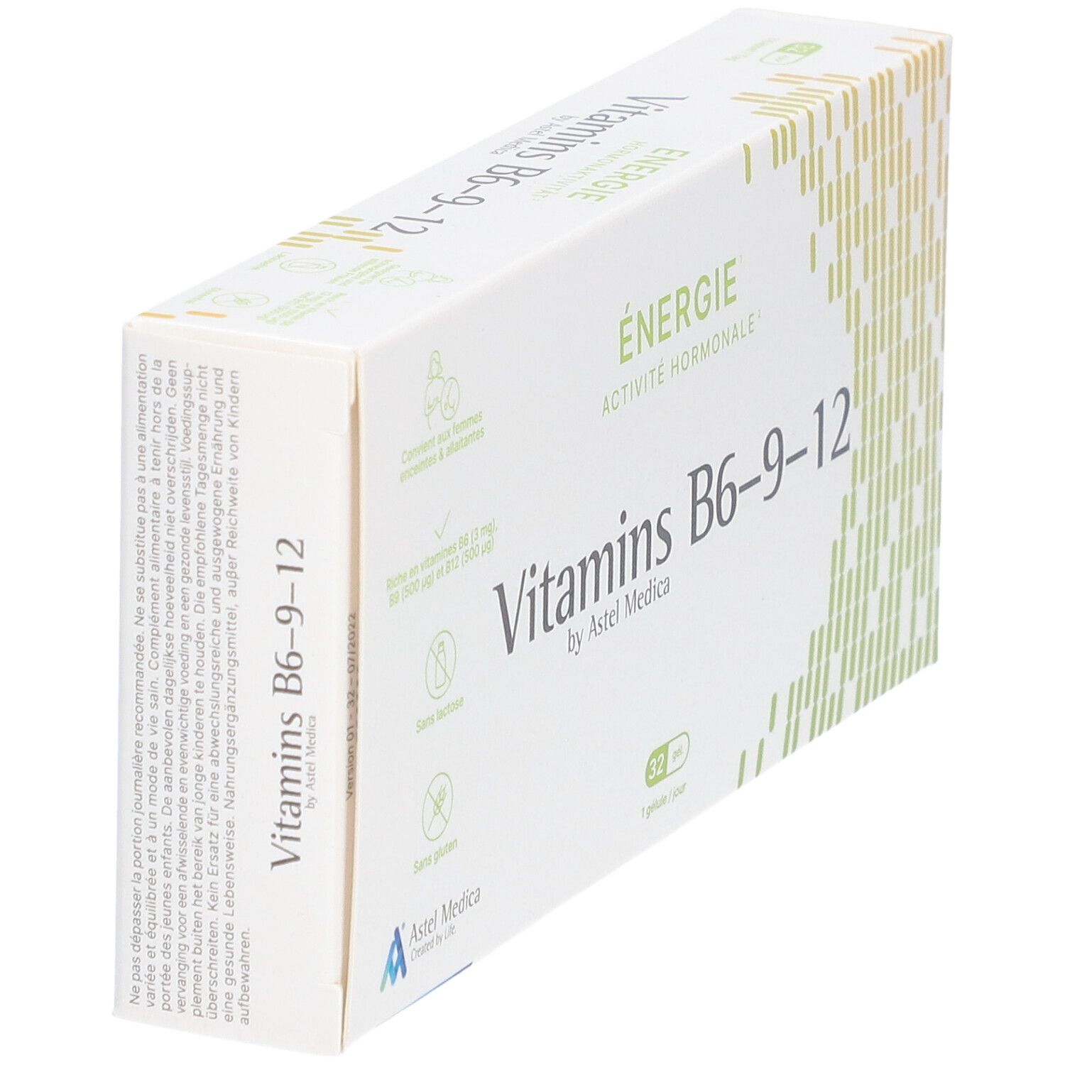 Boîte blanche "Vitamins B6-9-12". Texte et logos. 40 gélules.