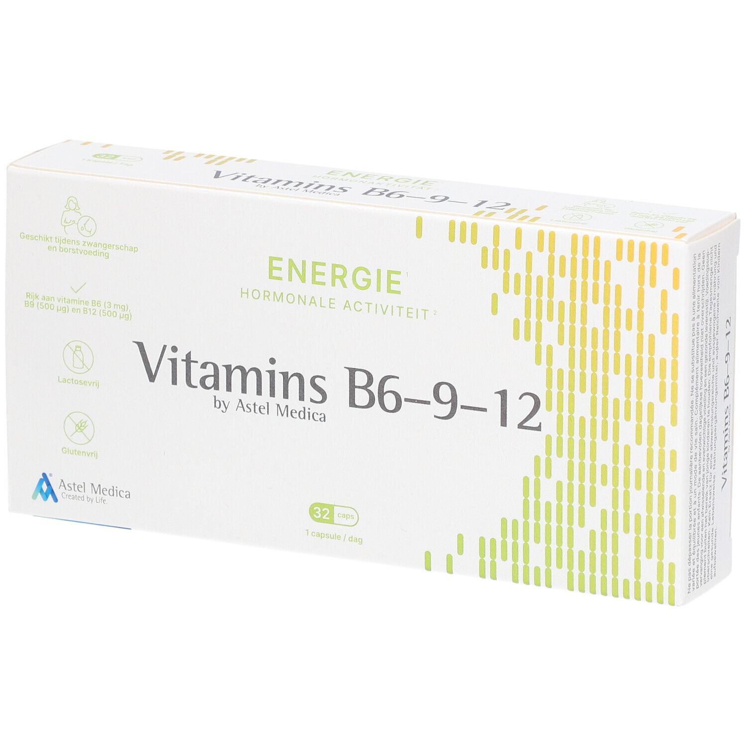 Boîte blanche "ENERGY Vitamins B6-9-12". 32 gélules. Logo Astel Medica.