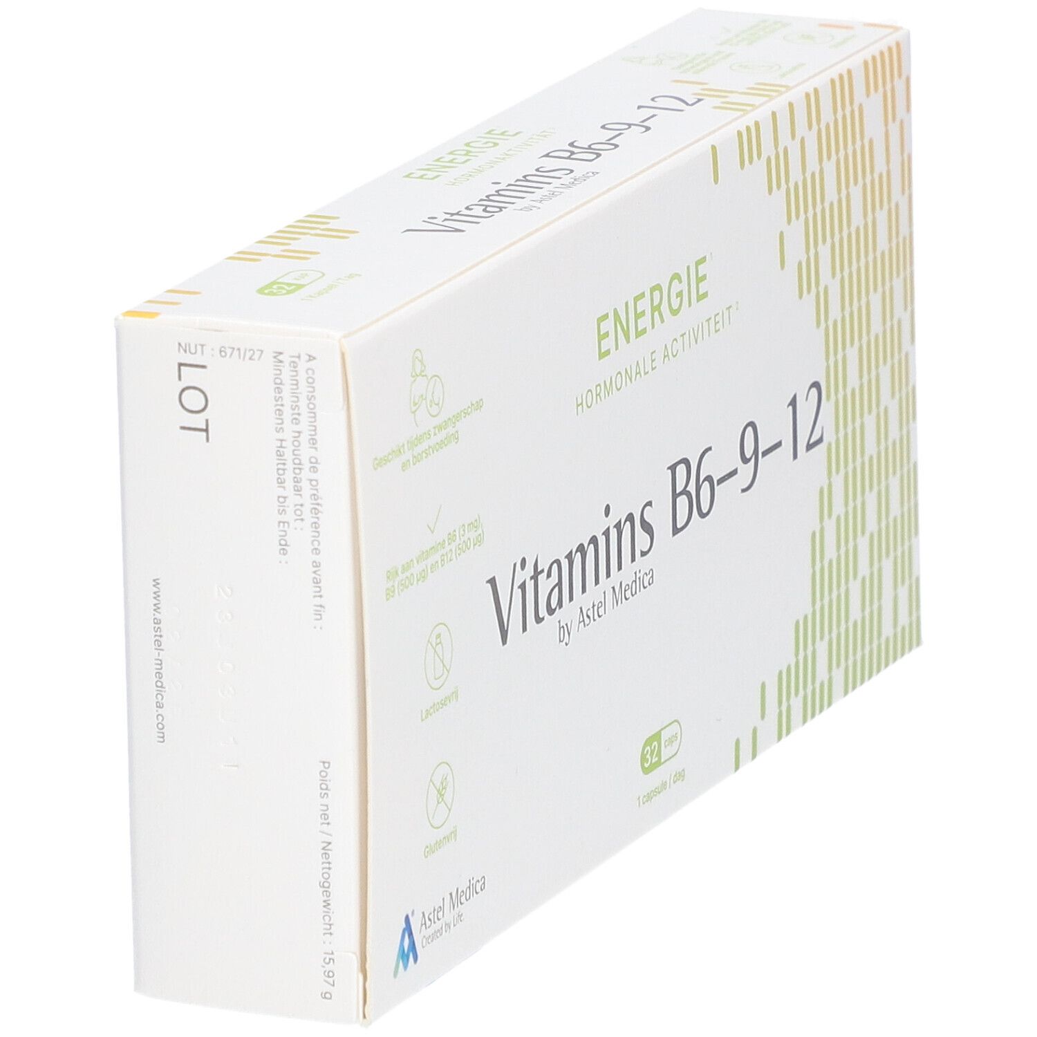 Boîte blanche "Vitamins B6-9-12". Texte et logos. 40 gélules.