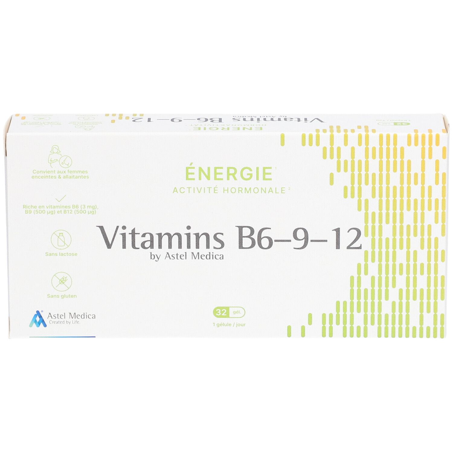 Boîte blanche "ENERGY Vitamins B6-9-12". 32 gélules. Logo Astel Medica.